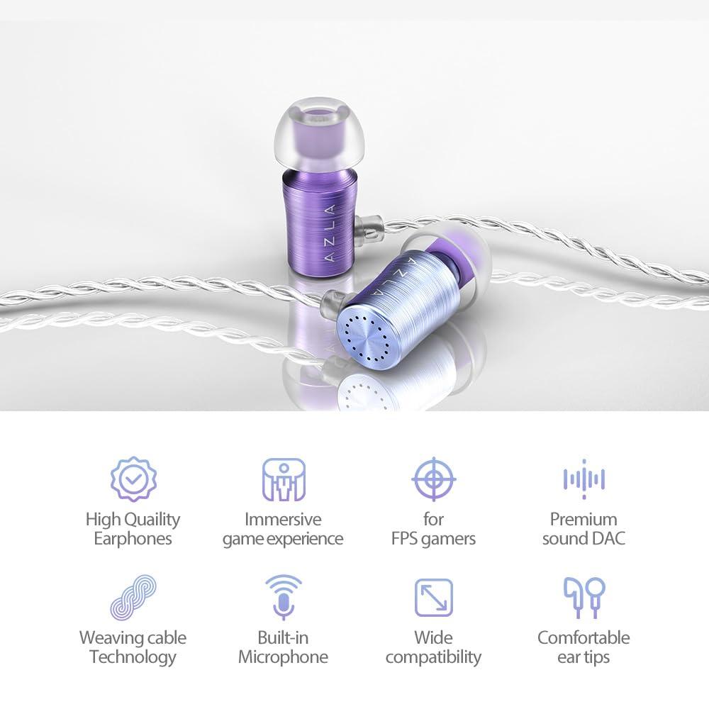 AZLA AZLA AZEL Edition G Gen 2 Wired Gaming in-Ear Earbud Headphones with Mic, 3.5mm Jack, USB-C to 3.5mm Adapter, USB-A to USB-C Converter, Black (PurpleBlue)