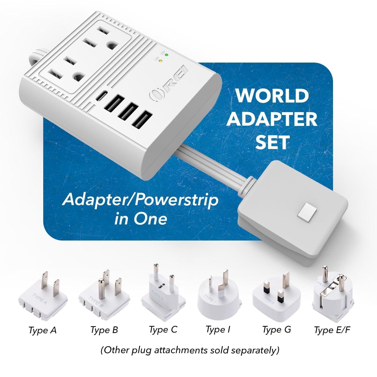 OREI OREI World Travel Plug Adapter M8 Max, 3 USB + Pd 18W USB-C Input - 2 USA Outlets - Attachments for Europe, Asia, China, Japan, Africa - Perfect for Cell Phones, Tablets, Cameras and More