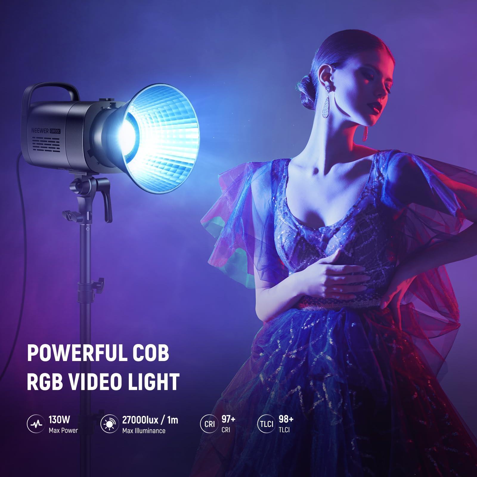 NEEWER NEEWER CB100C 130w RGB LED Video Light, APP/2.4G Control 360 Full Color 2700K-6500K 27000lux/m COB Bowens Mount Silent Continuous Output Lighting TLCI/CRI97+ 17 Scenes for Video Recording Photography