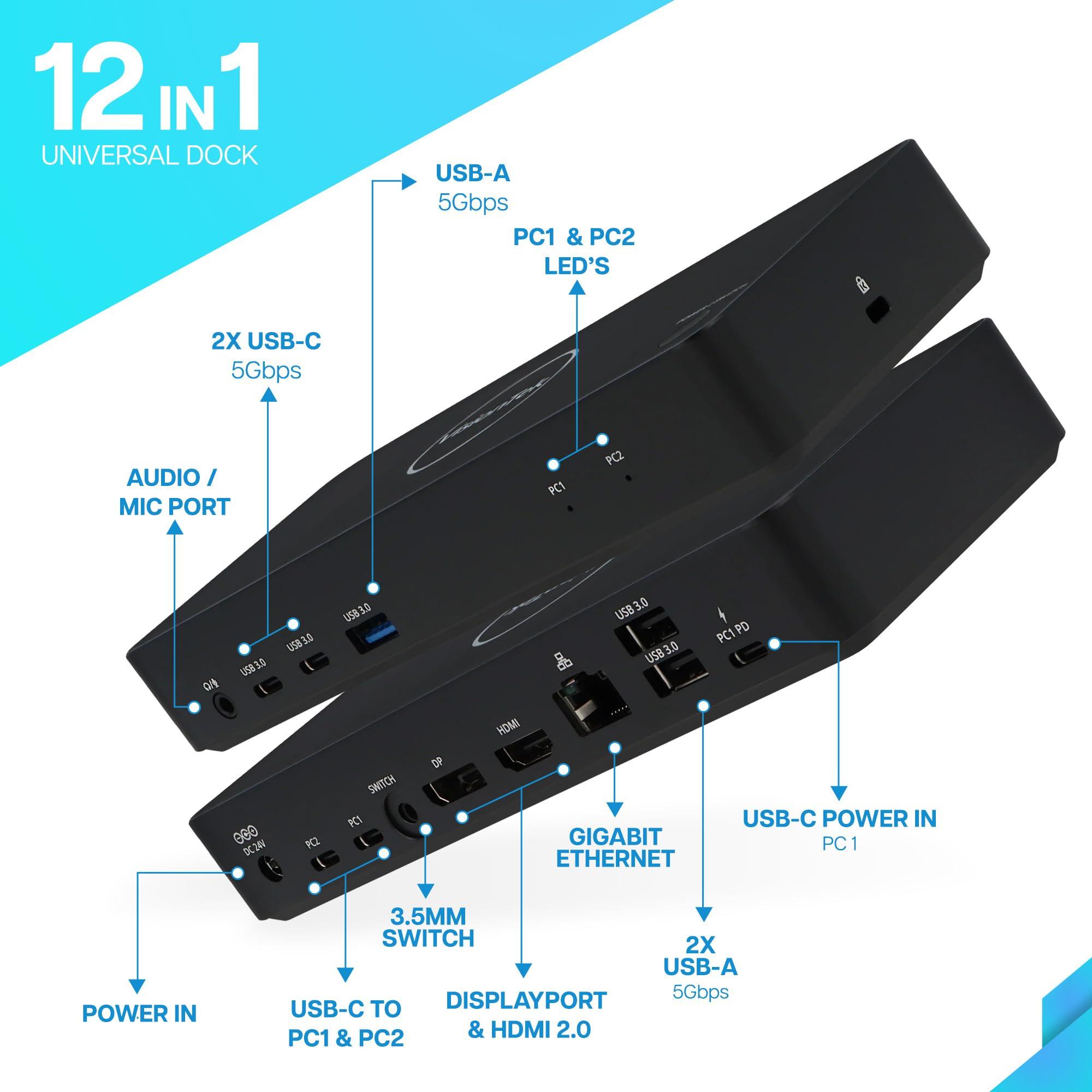 VisionTek VisionTek VT2900 12in1 USB-C Docking Station KVM Switch Single Host HDMI, DisplayPort, 100W PD Port, 3.0 USB Ports, Audio, Thunderbolt & Ethernet Port Compatible Hub for Laptops & PC