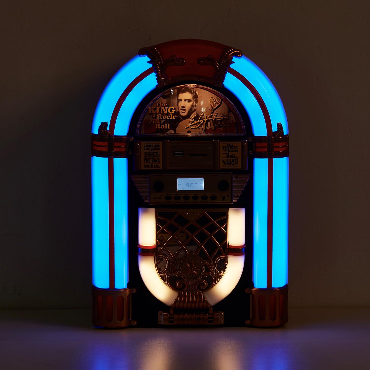 Elvis Presley Arkrocket x Elvis Presley Mini Jukebox/Tabletop CD Player/Bluetooth Speaker/Radio/USB and SD Card Player with Retro LED Lighting System (Limitied Edition), Black Gloden