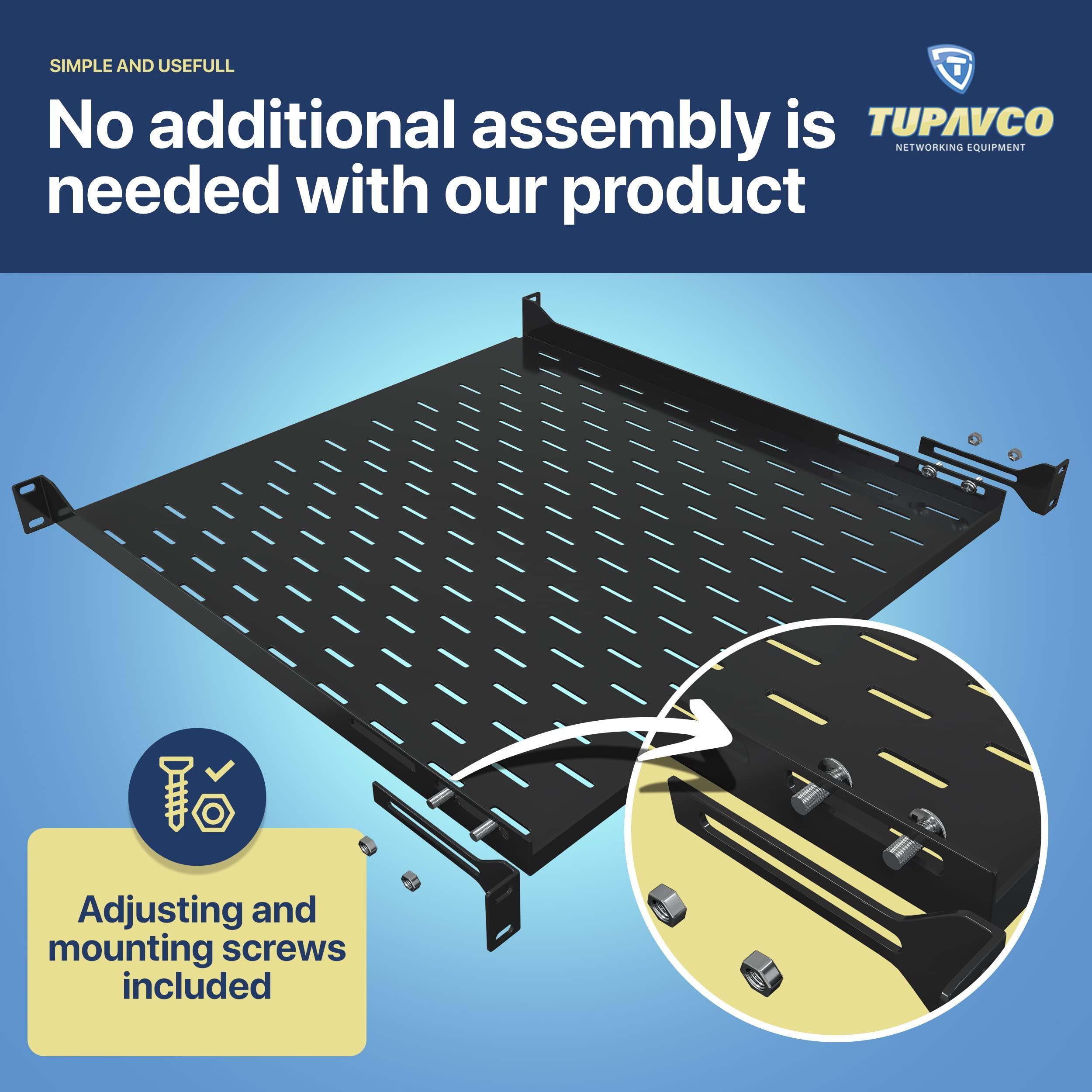 Tupavco 1U Server Rack Shelf - 19" Rackmount Tray - 17.7" (450mm) Deep 4-Post Fixed Mount for Computer Network/AV/IT Equipment Cabinet Enclosure - Vented for Maximum Airflow (Black) - Tupavco TP1711