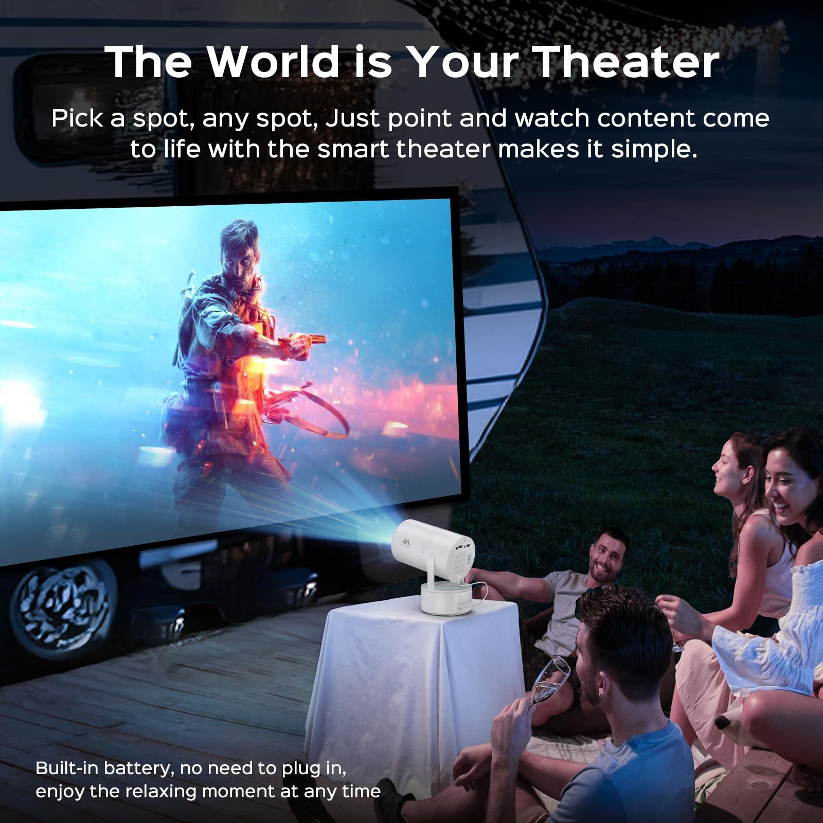 AUBOR MENTECH [Built-in Battery] Mini Projector with Wifi and Bluetooth, Rechargeable Portable Outdoor Smart Projector with Support 4K Decoding, Electric Focus Home Theater for Phone, White