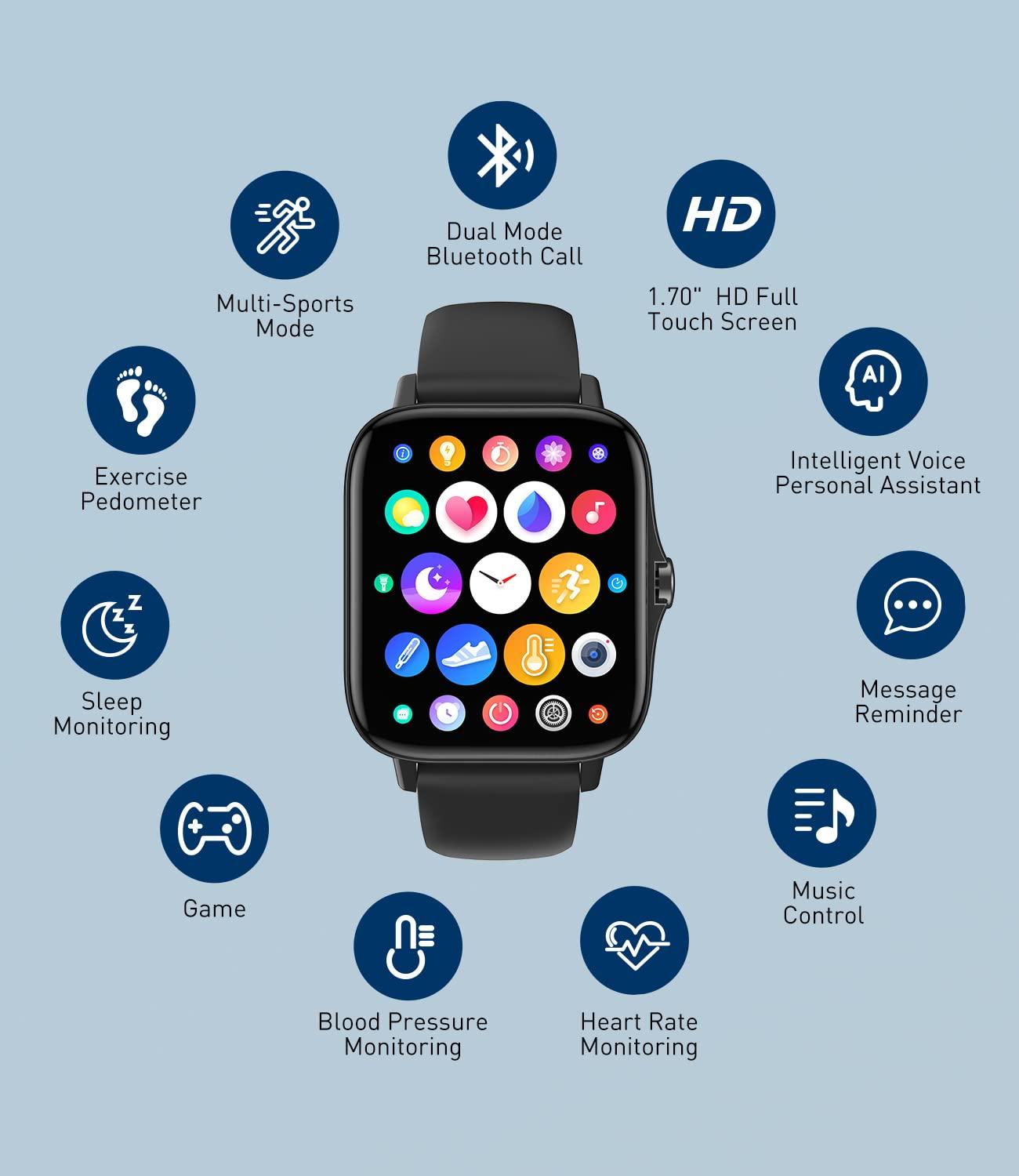 EGQINR EGQINR Smart Watches for Men Women, 1.7" HD Touch Screen Activity Fitness Tracker with Health Monitor and Sleep, IP67 Waterproof Smartwatch with Bluetooth Call for Android iOS