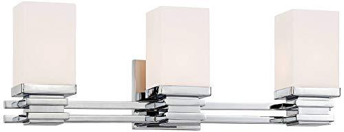 Possini Euro Design Possini Euro Design Bennett Modern Wall Light Chrome Silver Hardwired 22" Wide 3-Light Fixture Mounted Etched White Opal Glass Rectangular Shade Bathroom Vanity Mirror House Home Hallway Room Decor