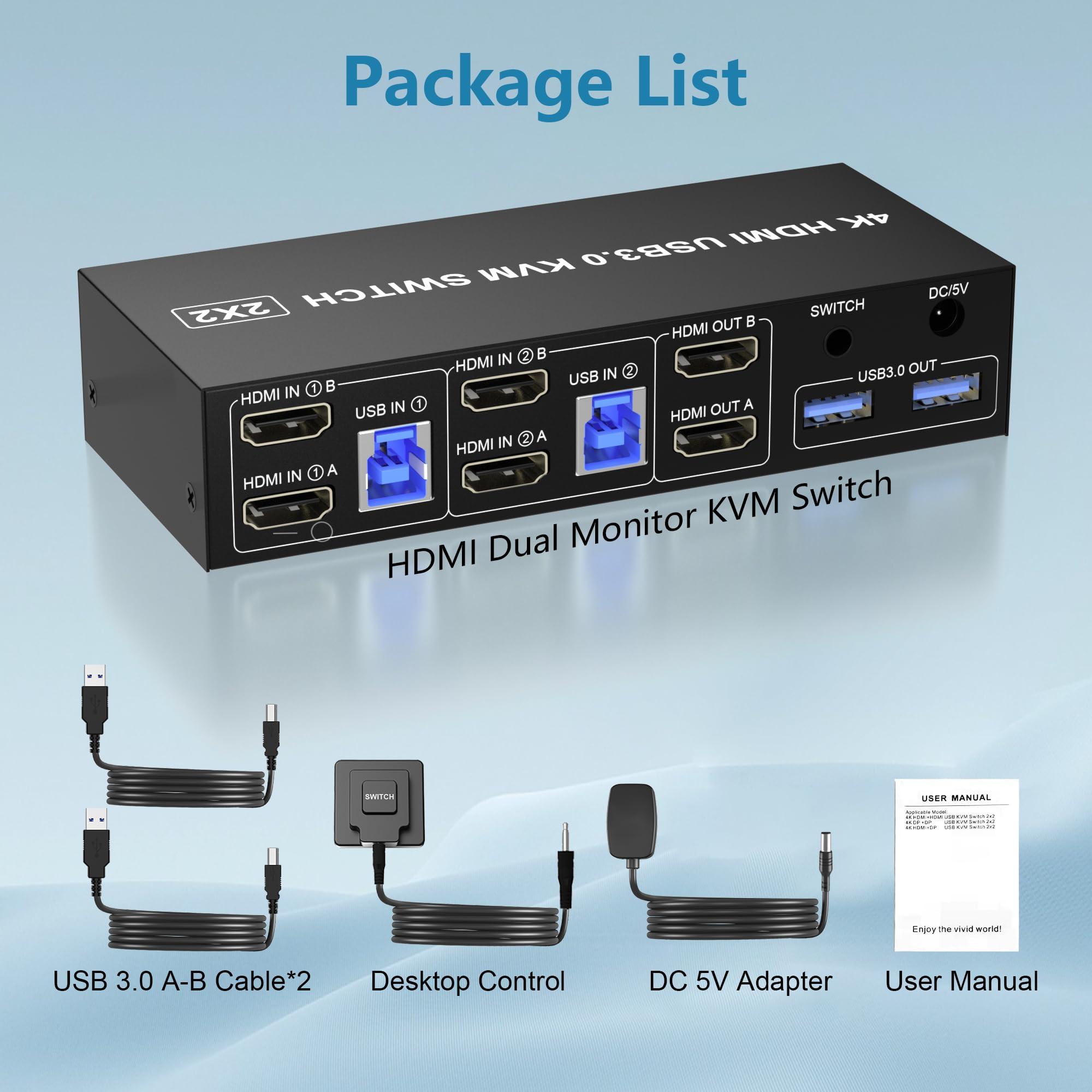 Arkidyn Plus HDMI Dual Monitor KVM Switch 2 Computers 2 Monitors Support 4K 60Hz, EDID Emulators USB 3.0 KVM Switcher for 2 Computers Share Dual Monitors and 3 USB 3.0 Ports with Audio Microphone