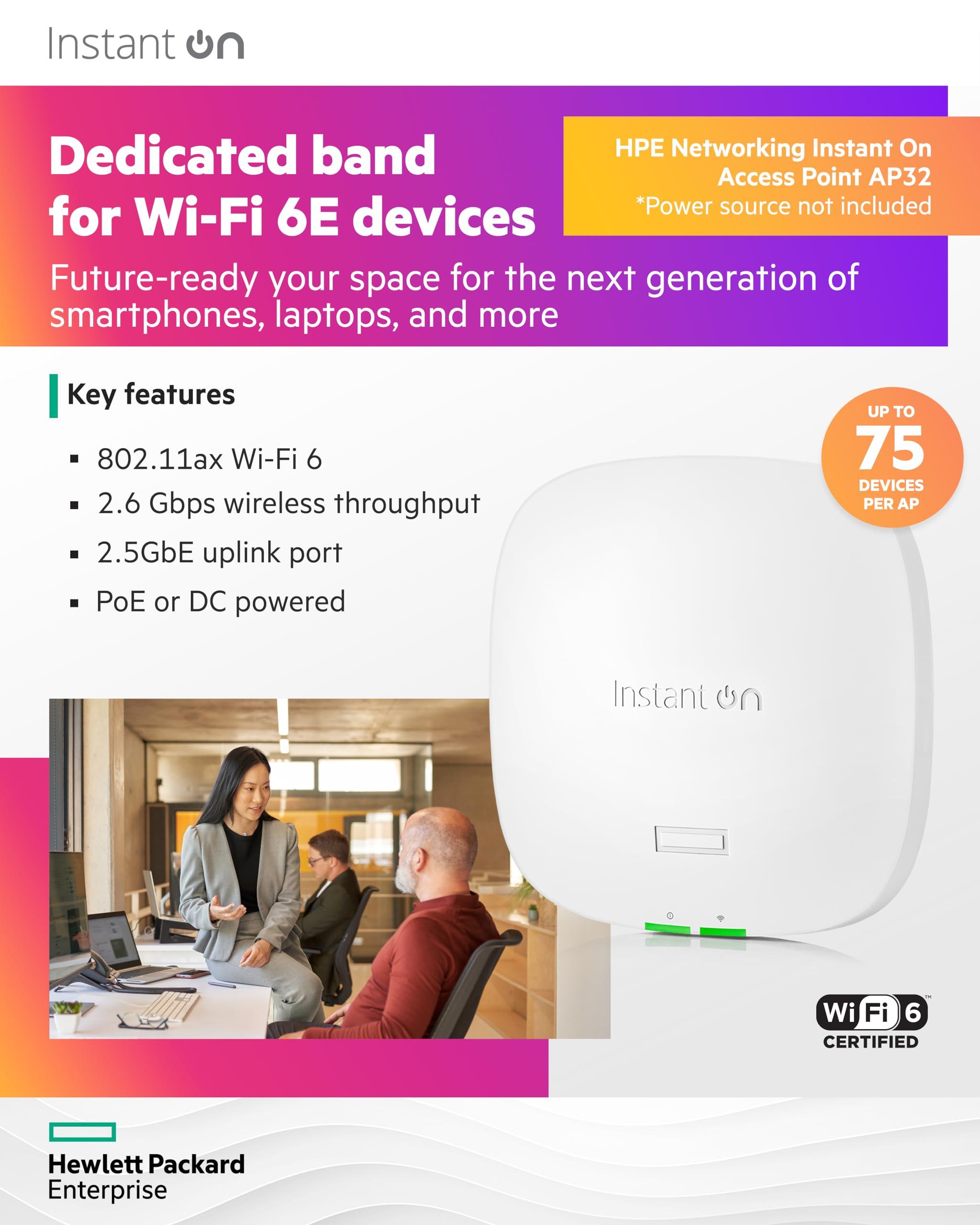 Aruba a Hewlett Packard Enterprise company HPE Networking Instant On Access Point AP32 2x2 WiFi 6E Indoor Wireless Access Point | Secure, Tri-Band, Future Ready | Power Source Not Included | US Model (S1T22A)