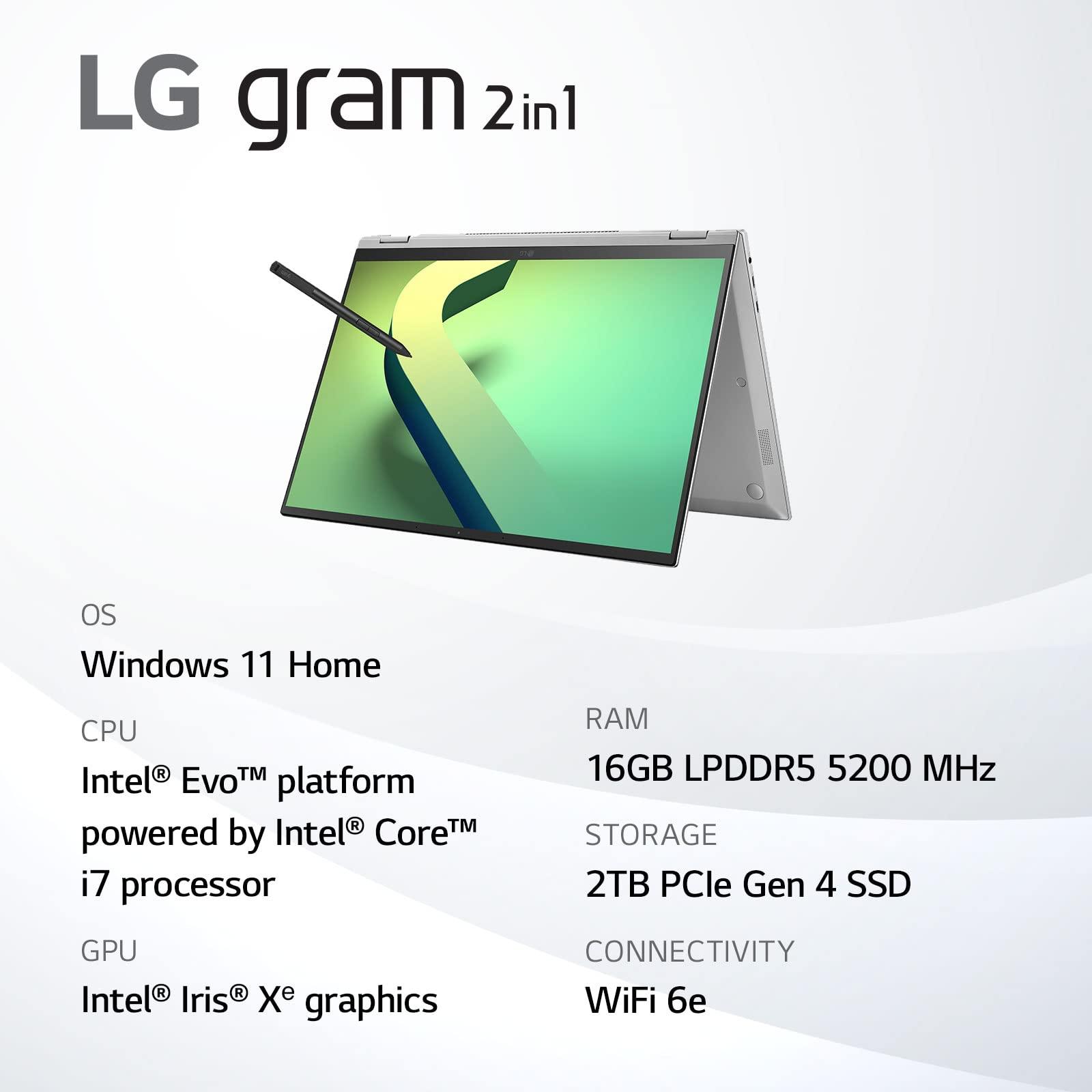 LG LG gram 16T90Q 2-in-1 Tablet Laptop, 16" (1920 x 1200) IPS Display, Intel Evo 12th Gen i7 1260P Processor, 16GB LPDDR5, 2TB NVMe SSD, FHD Webcam, WiFi 6E, Thunderbolt 4, Windows 11, Silver