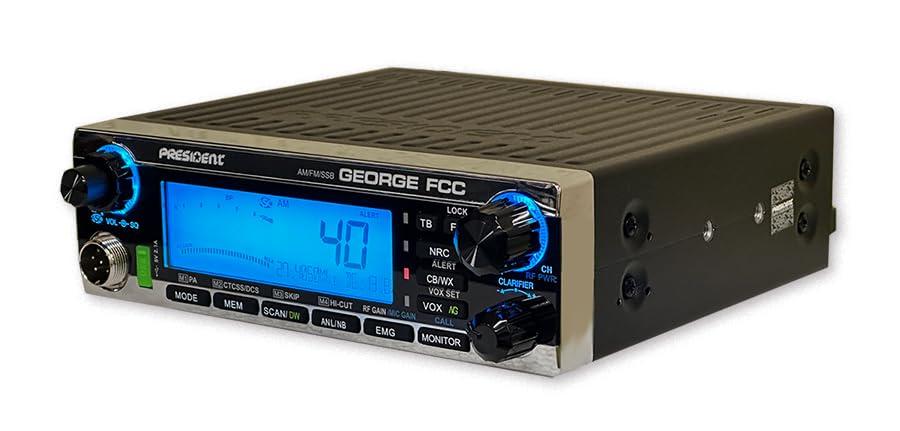 President President George FCC AM/FM/SSB CB Radio, CTCSS/DCS, Large 7 Color LCD Display, Weather Channel/Alert, ASC, VOX, Scan Skip, USB Port, NRC, Automatic SWR, PA, SWR and Voltage Protection