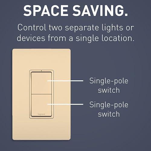 Pass & Seymour Legrand radiant RCD11ICC6 15 Amp Combination 2-in-1 Decorator Rocker Light Switch, Two Single Pole Switches, Ivory (1 Count)