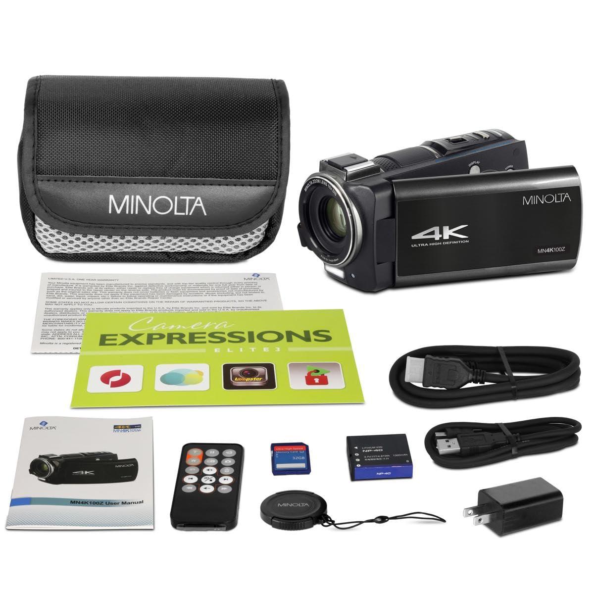 Minolta Minolta 4K Ultra HD Camcorder with 3.5-inch Touchscreen 10x Optical Zoom, 28MP Photos, Digital Stabilizer, Accessory Shoe Mount, Time Lapse, Face Detection, 32GB Card, Remote Control (Black)