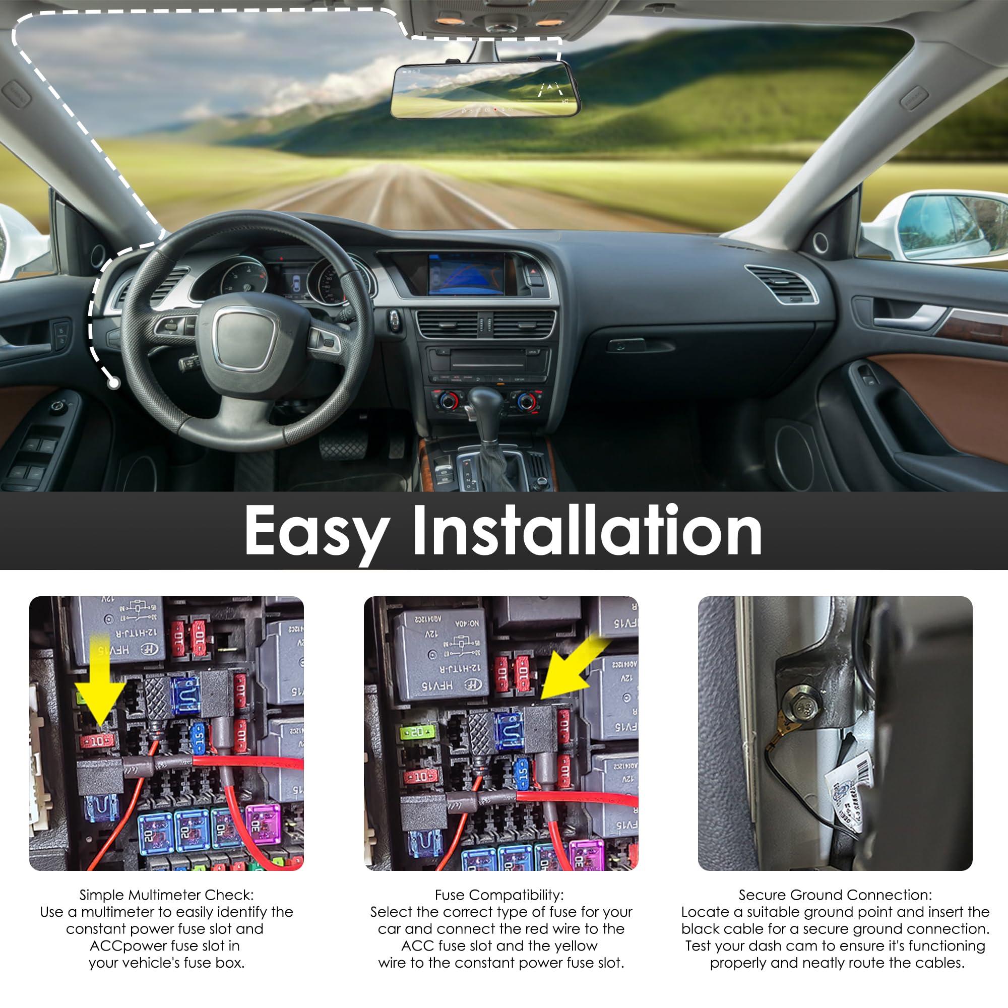 pelsee Pelsee Dash Cam Hardwire Kit, Type-C Full Set Hard Wire Kit Fuse, 12V-24V to 5V Dash Camera Car Charger Cable Kit, Low Voltage Protection, LED Indicator, Double-4 Fuse Cable and Installation Tool