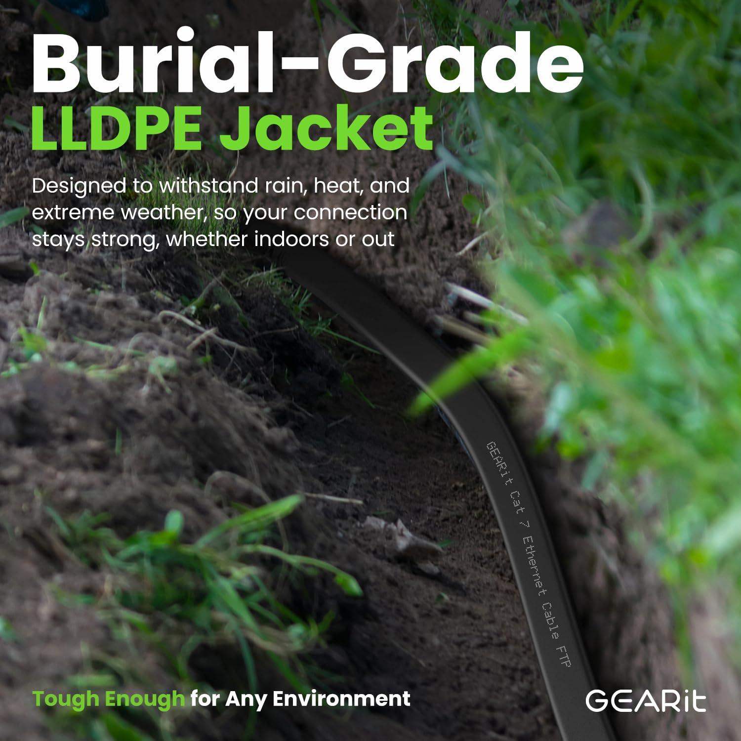 GearIT GearIT Cat 7 Outdoor Flat Ethernet Cable (100ft, Black) Direct Burial Rated LLDPE Jacket - Indoor Cat7 Shielded FTP 600MHz 10Gbps High Speed Gaming Computer Network RJ45 Snagless Patch Cord Internet