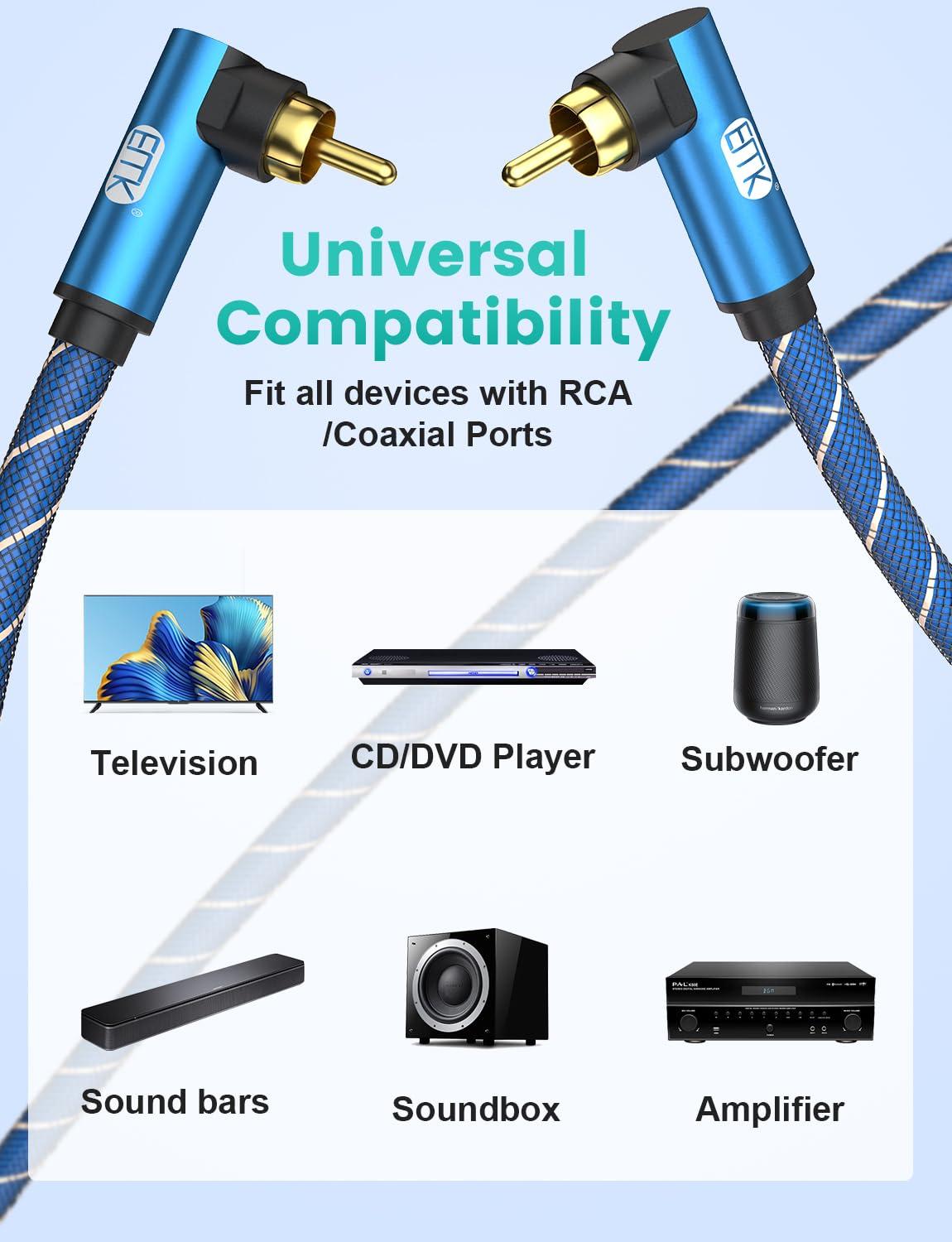 EMK EMK 90 Degree Subwoofer Cable, RCA Cable Male to Male Digital Coaxial Audio Cable for Subwoofer, TV, Sound Bars, Amplifier,Speaker and More-Blue (90 Degree to 90 Degree(1 Pack), 10FT/3M)