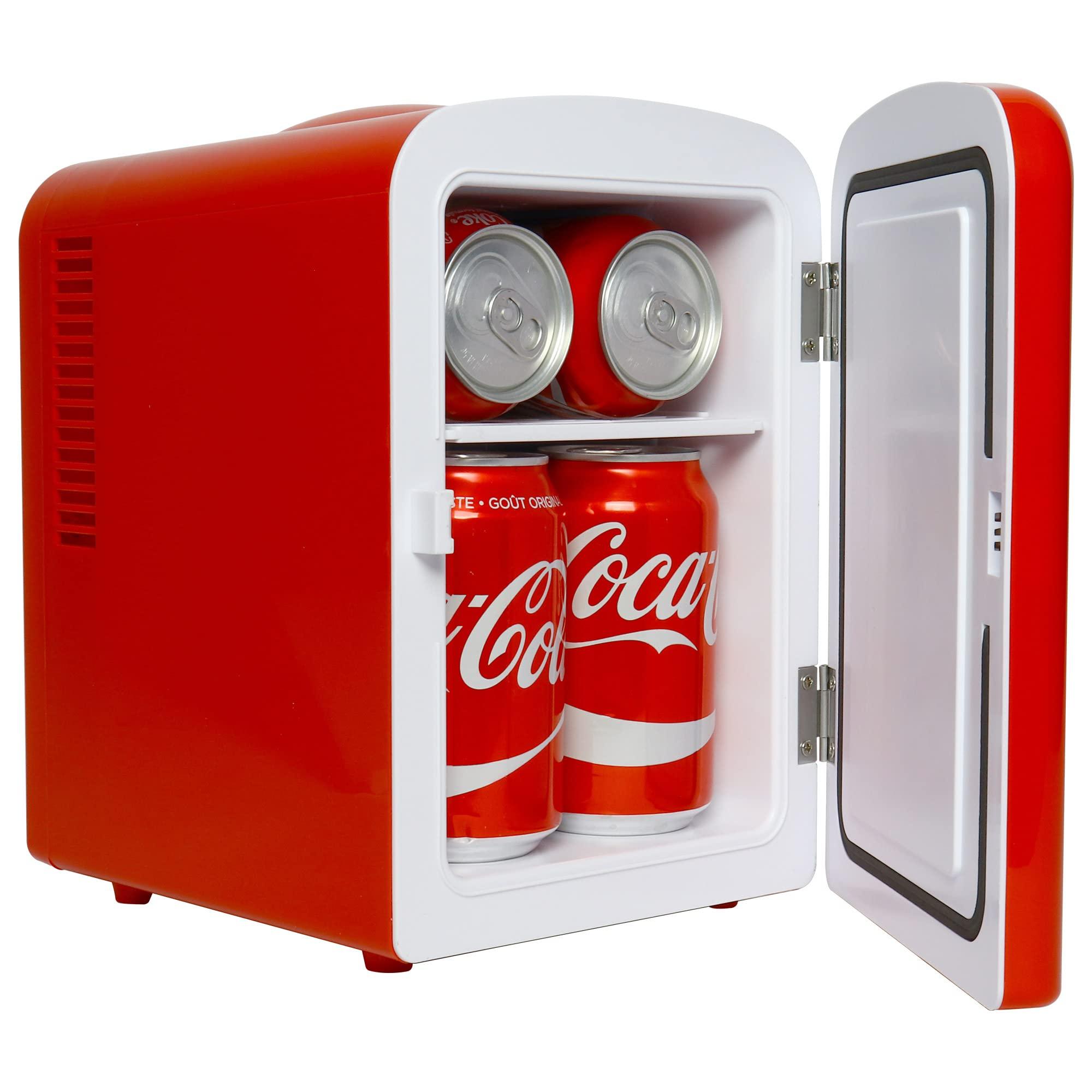 Koolatron Coca-Cola Bluetooth Mini Fridge with Speaker 4L Portable Cooler/Warmer for Home Car RV Iconic Red Design Holds 6 Cans Dual Power Thermoelectric Technology Perfect for Travel and Parties