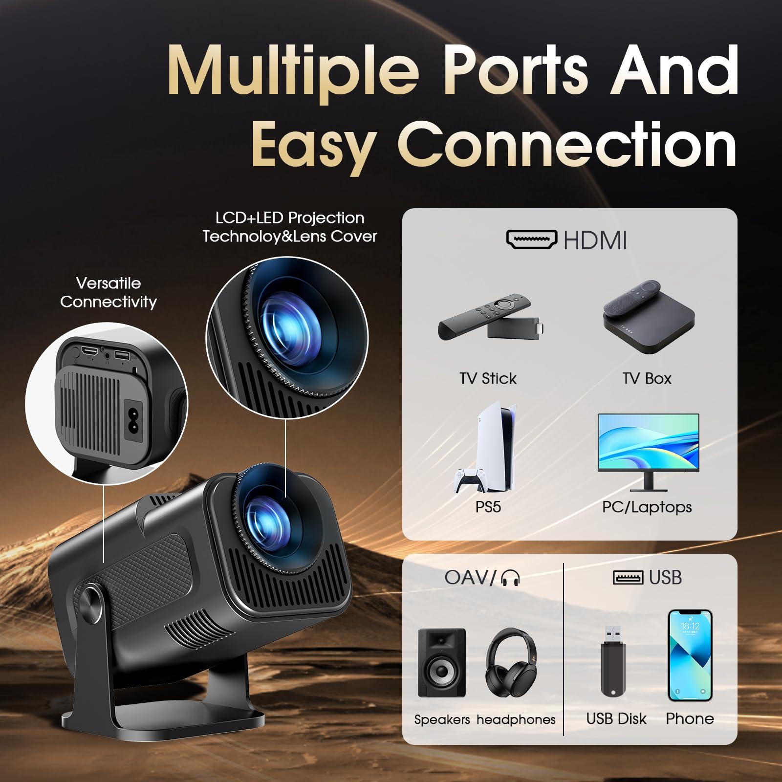 Gaimoo [Built-in App] Mini Projector 1920*1080P 4K Support Projector with Mouse Portable Projector with WiFi and Bluetooth 180 Adjustable Auto Keystone Compatible with TV Stick/Memory Stick/USB/Laptop