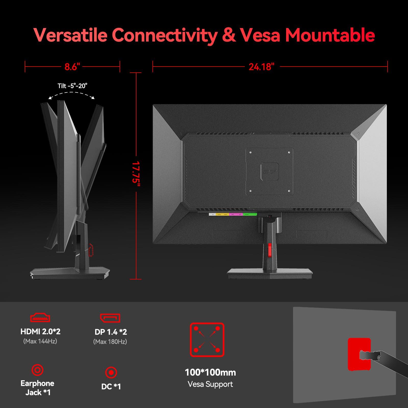 TITAN ARMY TITAN ARMY 27 Inch 180Hz 1440p Gaming Monitor, Fast IPS Panel, QHD 2K 2560 x 1440p, HDR 1ms GTG, Adaptive Sync Vertical Monitor, 120% sRGB, VESA 100 * 100 HDMI 2.0, DisplayPort 1.4, P27GR