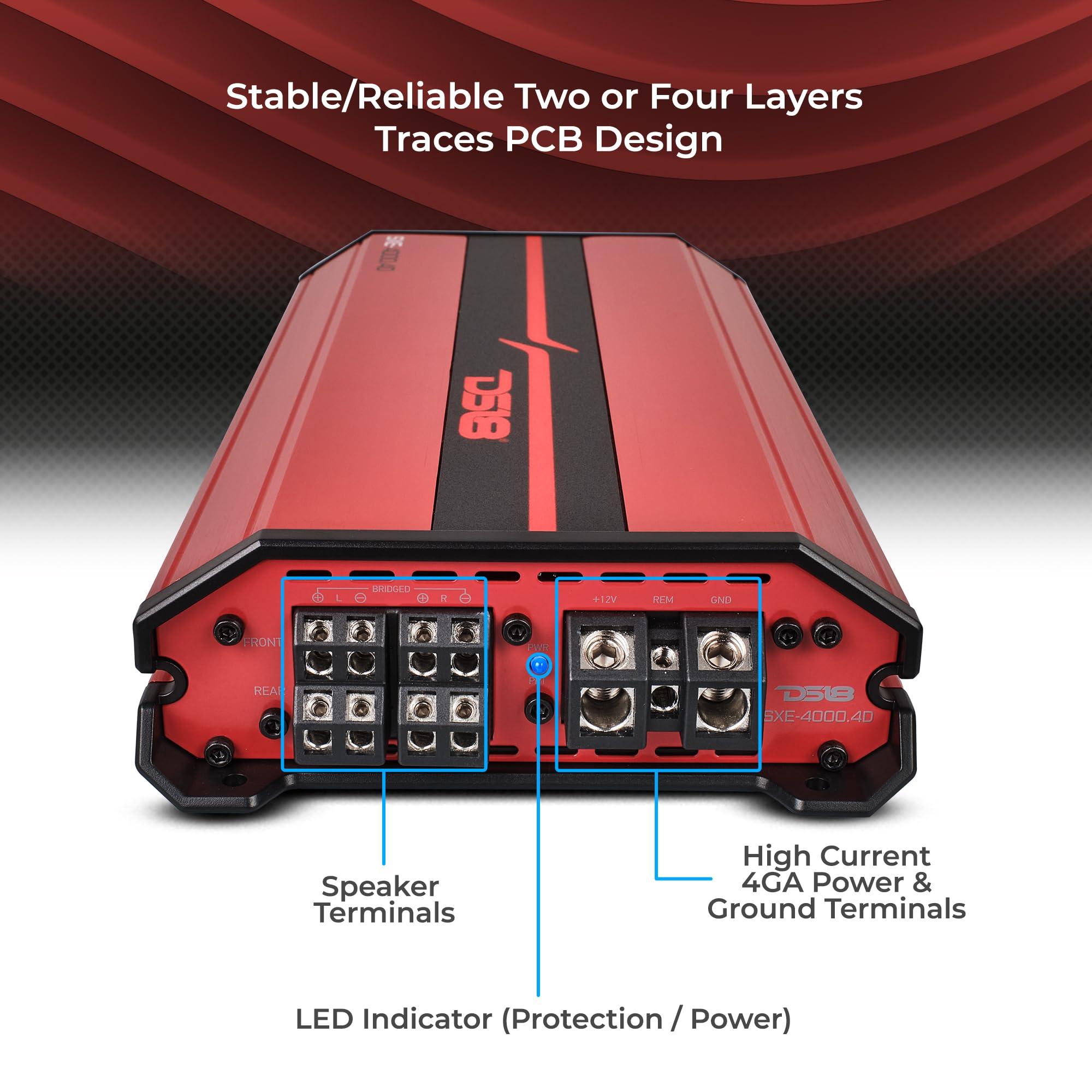 DS18 DS18 SXE-4000.4D/RD Car Amplifier Stereo Full-Range Class D 4-Channel 275x4 RMS @4 OHM 4000 Watts - Powerful and Compact Amp for Speakers in Car Audio System