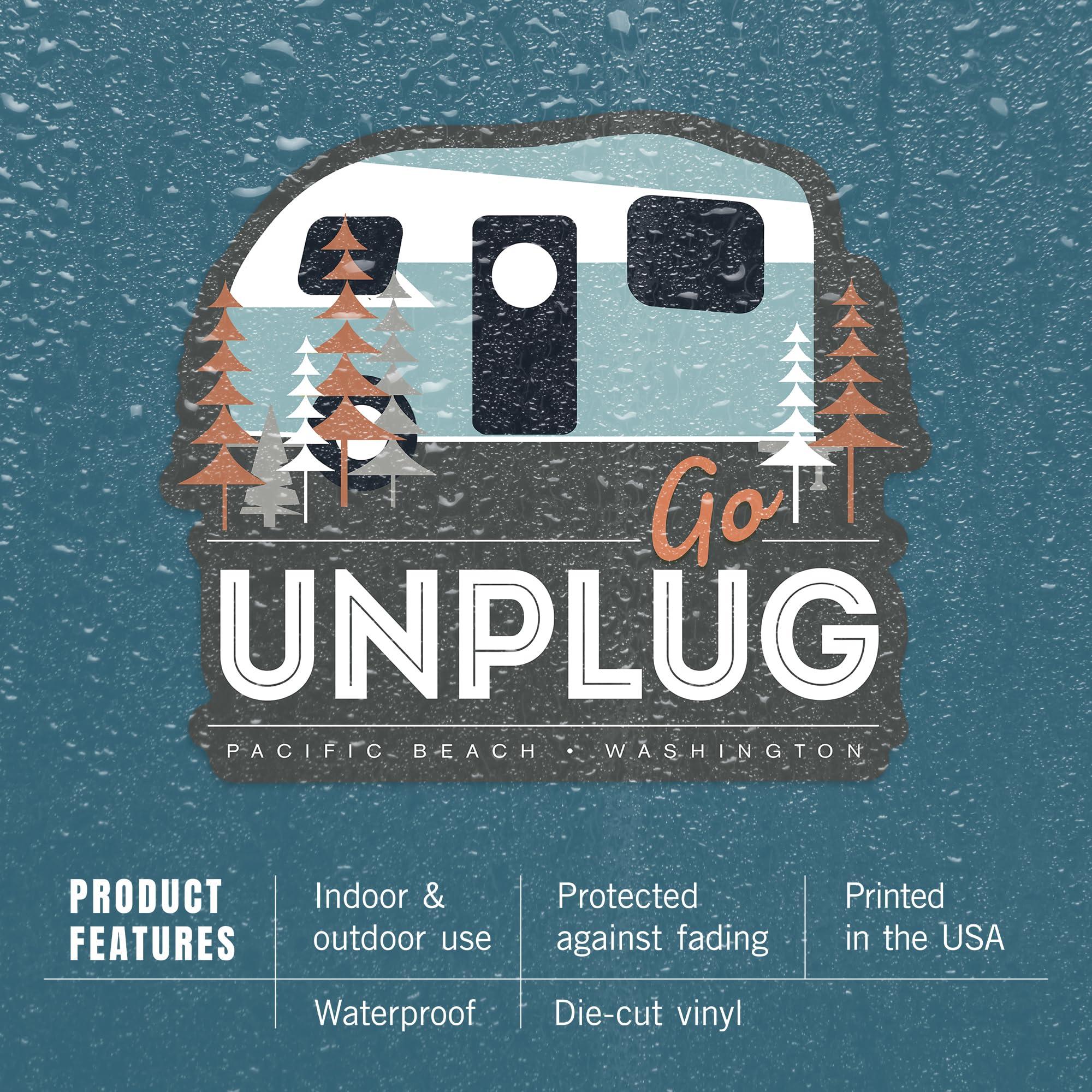 Lantern Press Die Cut Sticker Pacific Beach, Washington, Go Unplug, Vector Retro Camper, Vinyl Sticker 1 to 3 inches (Waterproof Decal for Cars, Water Bottles, Laptops, Coolers), Small