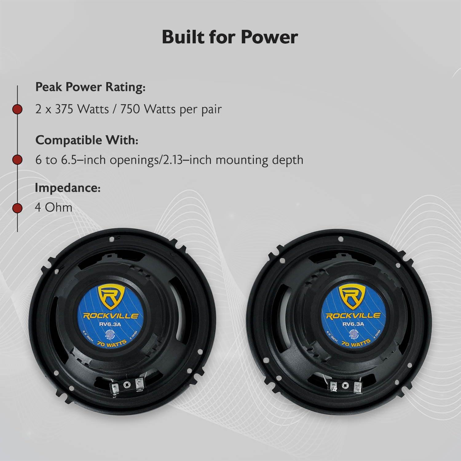 Rockville Rockville RV6.3A 6.5\" 3-Way Car Speakers, 750W, 4 Ohm, Polypropylene Woofer, Butyl Rubber Surround, With Grilles, CEA Compliant, Perfect for Car Audio
