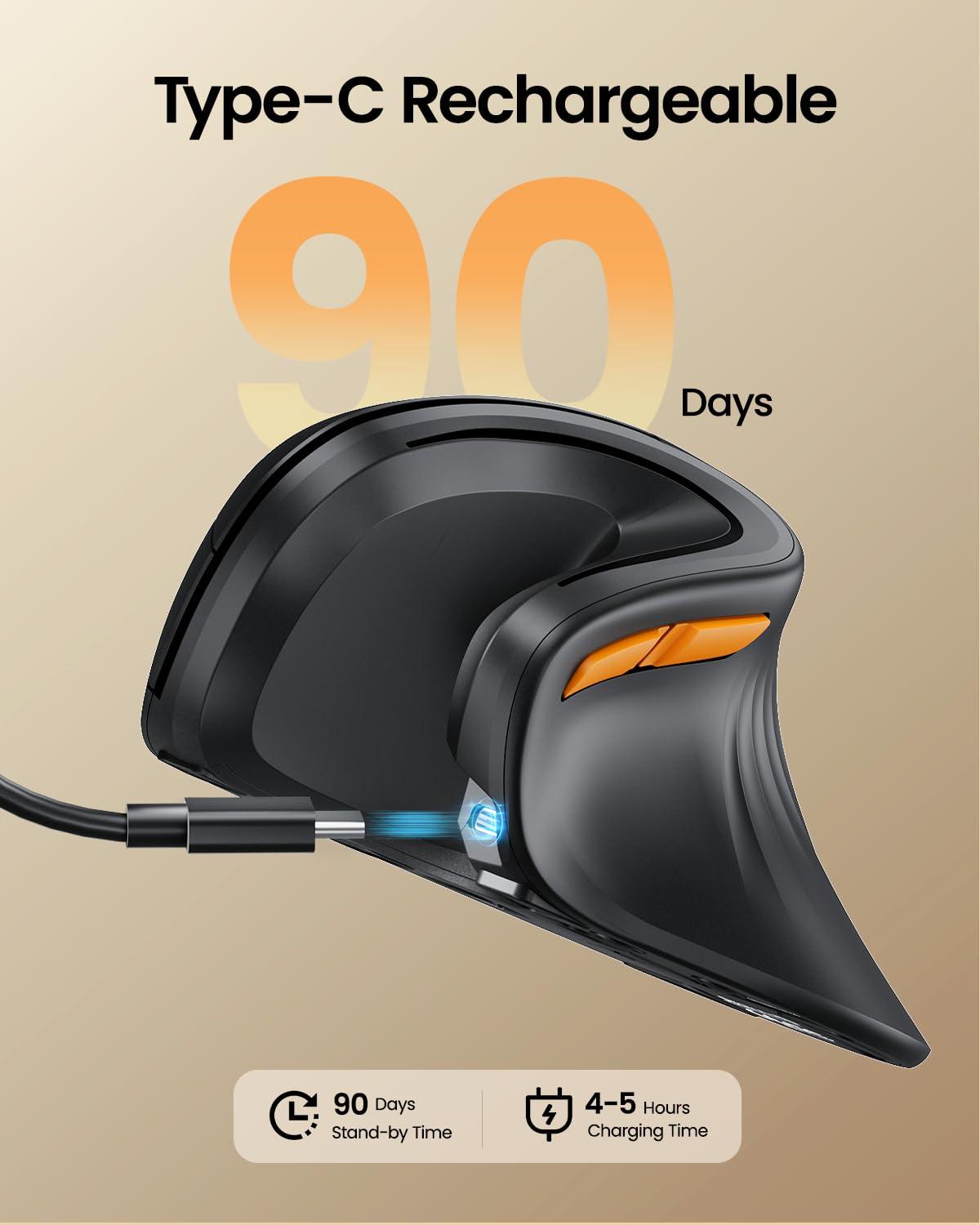 ProtoArc ProtoArc Ergonomic Vertical Mouse, EM11 NL Bluetooth Rechargeable Wireless Mouse, 3 Multi-Device Connectivity for Computer/PC/Laptop, 2.4GHz Optical Mice for Windows, Mac OS, Black