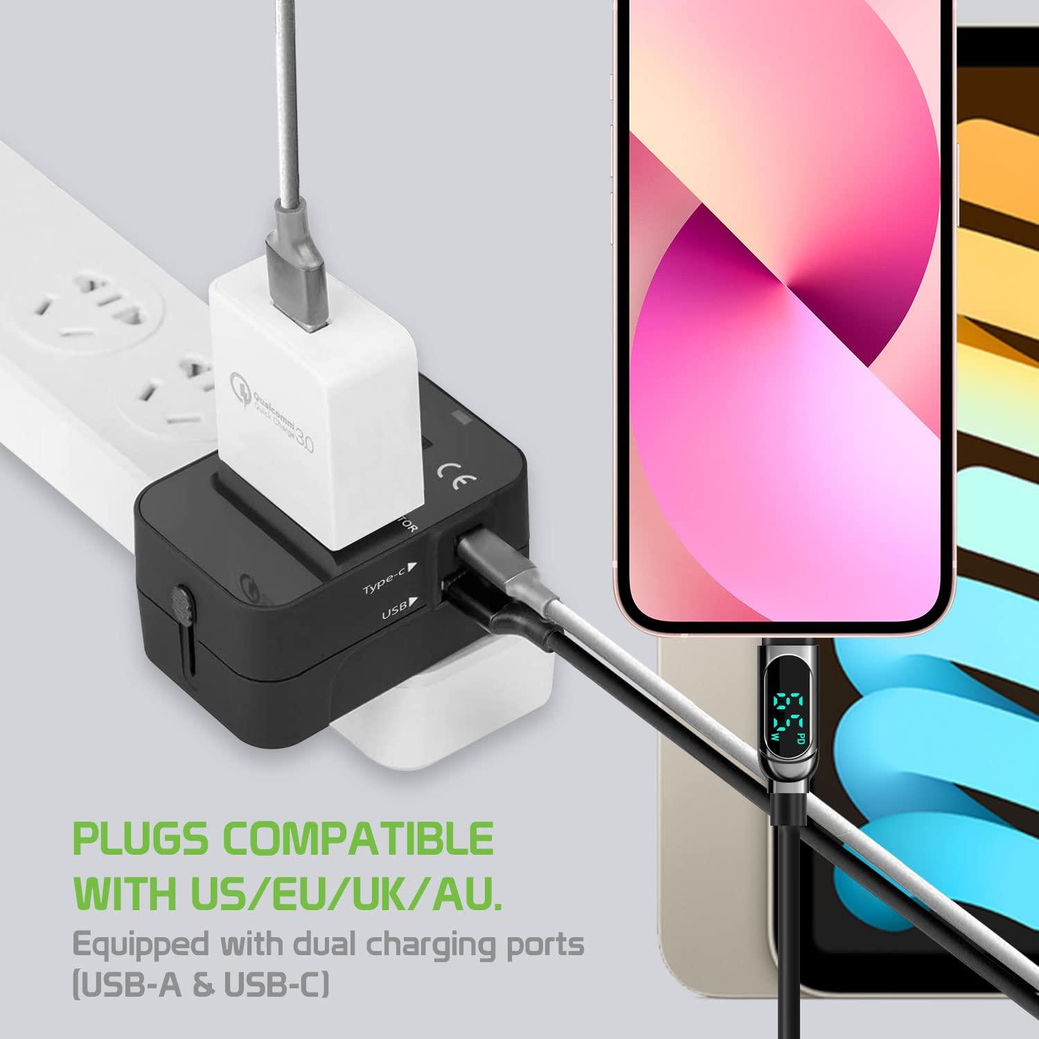 Cellet Portable Worldwide Universal Power Adapter Converter All in One International Wall Charger Plug for Wall Plug Input in USA EU UK France Italy Australia India Outlets (with USB-A and USB-C)