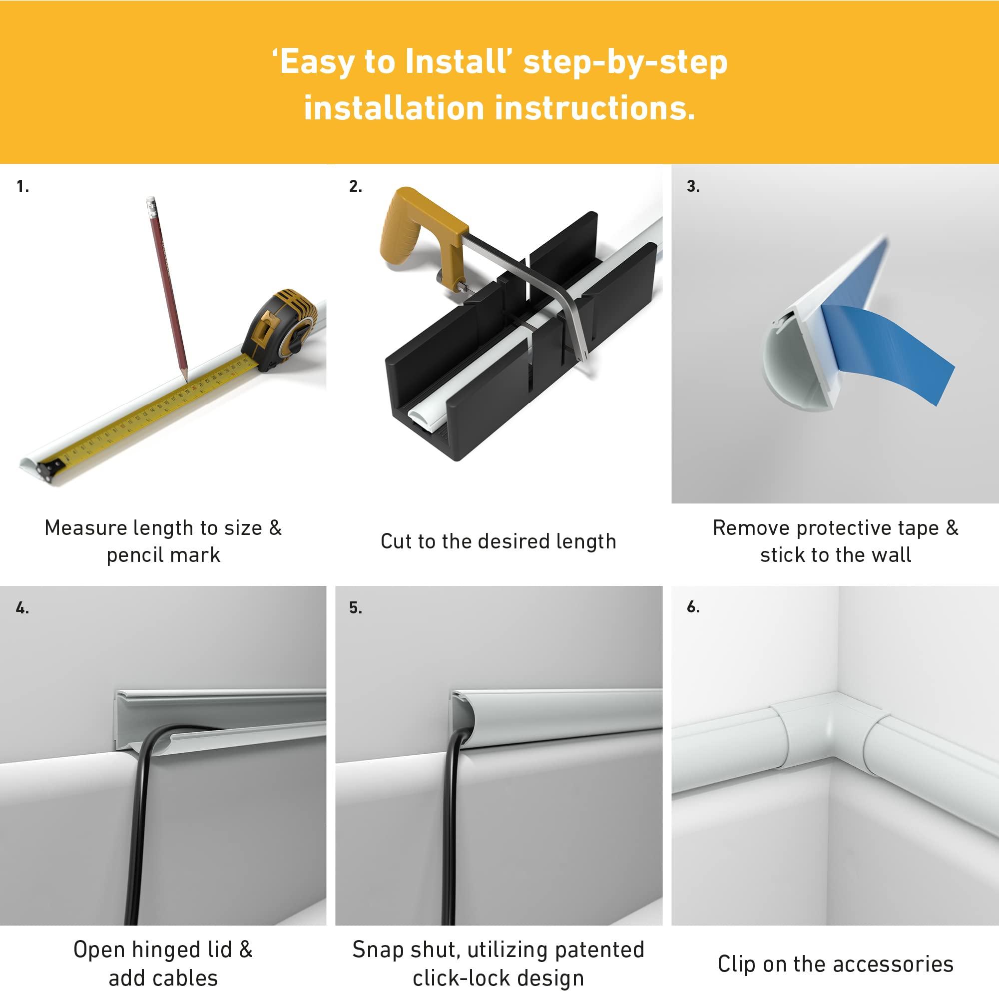 D Line D-Line 157in Cord Cover Kit, Self-Adhesive Wire Hiders, Paintable Cable Raceway to Hide Wires on Wall, Electrical Cable Management - 10x 15.7 Lengths & 19 Accessories - 1.18\" (W) x 0.59\" (H) - White