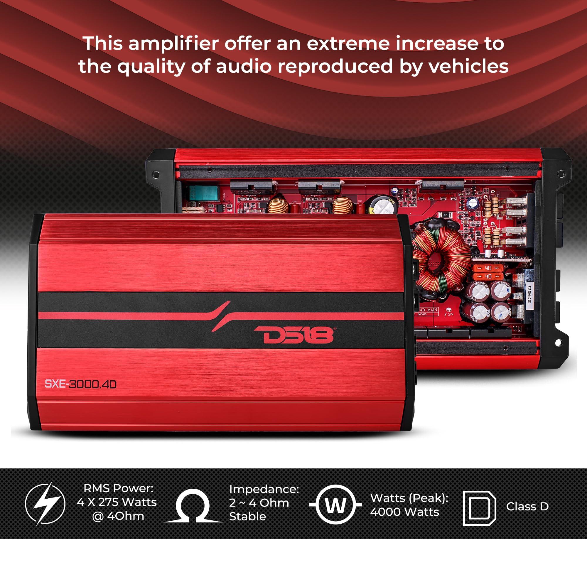 DS18 DS18 SXE-4000.4D/RD Car Amplifier Stereo Full-Range Class D 4-Channel 275x4 RMS @4 OHM 4000 Watts - Powerful and Compact Amp for Speakers in Car Audio System
