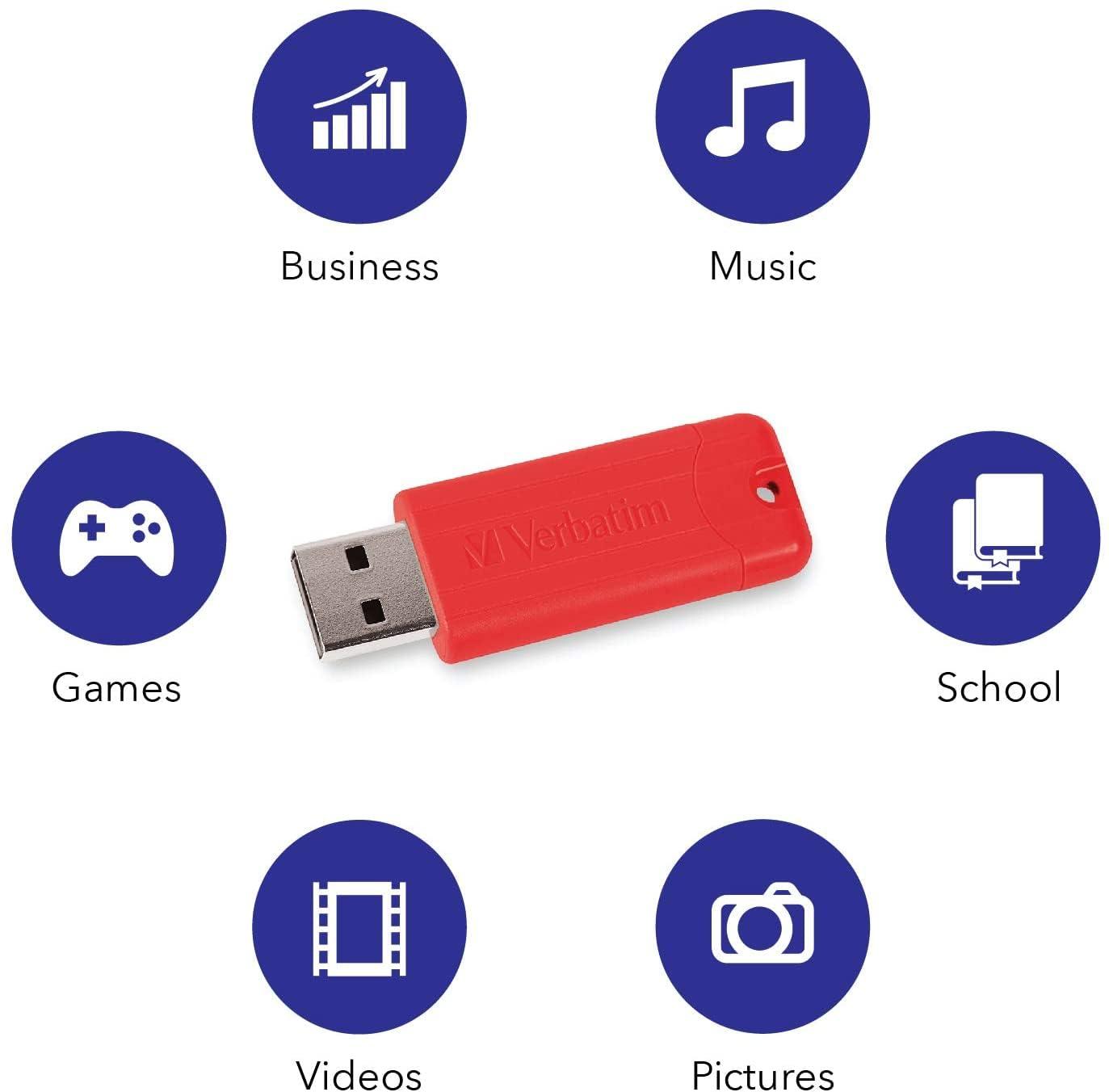 Verbatim Verbatim 32GB Pinstripe USB 3.2 Gen 1 Flash Drive Retractable Thumb Drive - 5 Pack - Multicolor (Green, Blue, Red, Purple, Cyan)