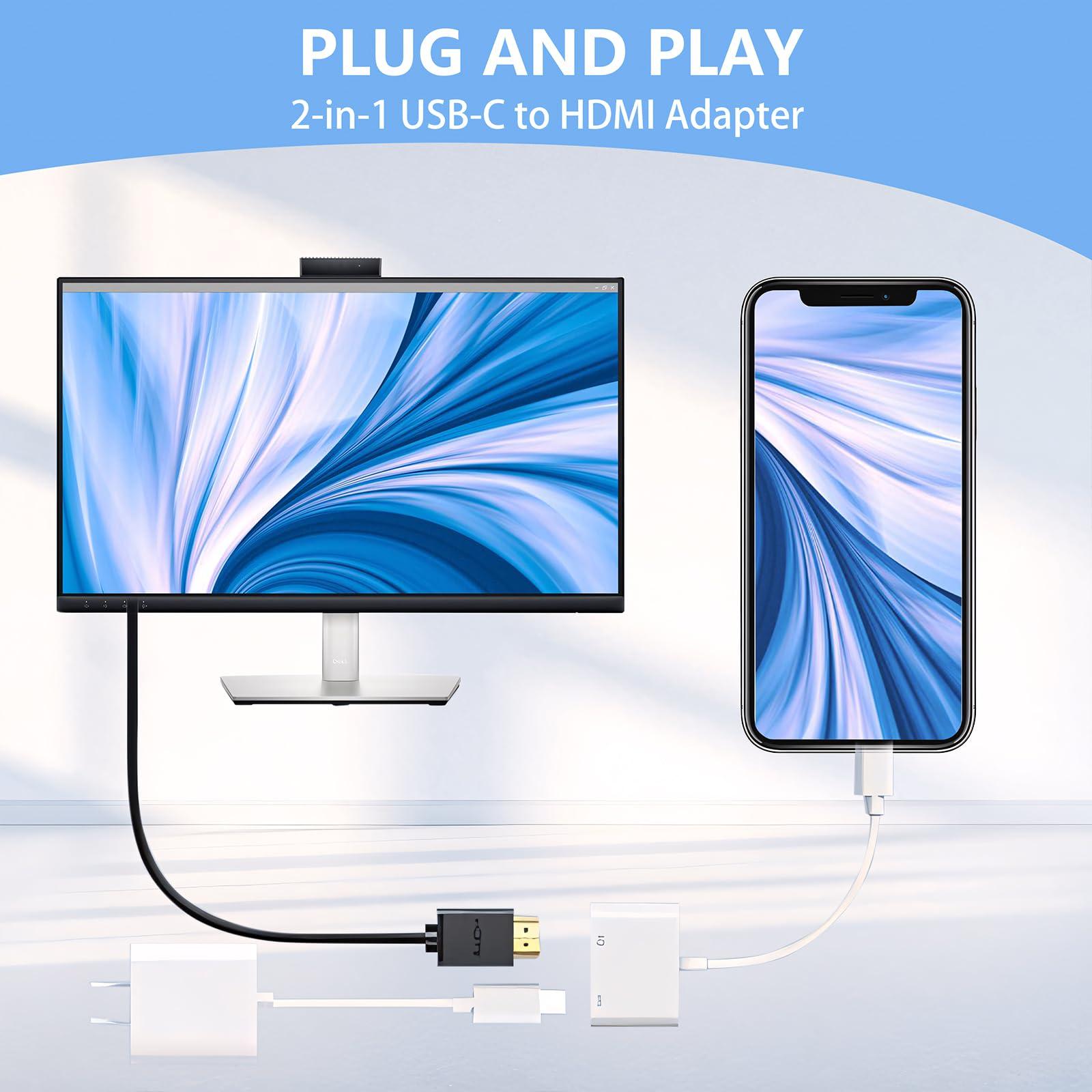 Kinhaly USB C to HDMI to iPhone 15 HDMI adapter to TV, 4K@60Hz USB C to HDMI Adapter with Charging Port, iPhone to HDMI to USB C Adapter Compatible for iPhone 16/15 Series/iPad Pro/Galaxy to HDTV Projector