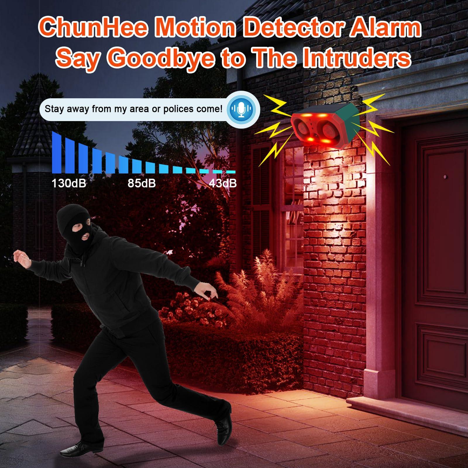 ChunHee ChunHee Solar Outdoor Motion Sensor Alarm,Dog Barking Alarm & Support Recording,Volume,13 Sounds,130dB Loud Motion Sensor Noise Maker,Motion Activated Alarm for Deer,Bear,Intruder