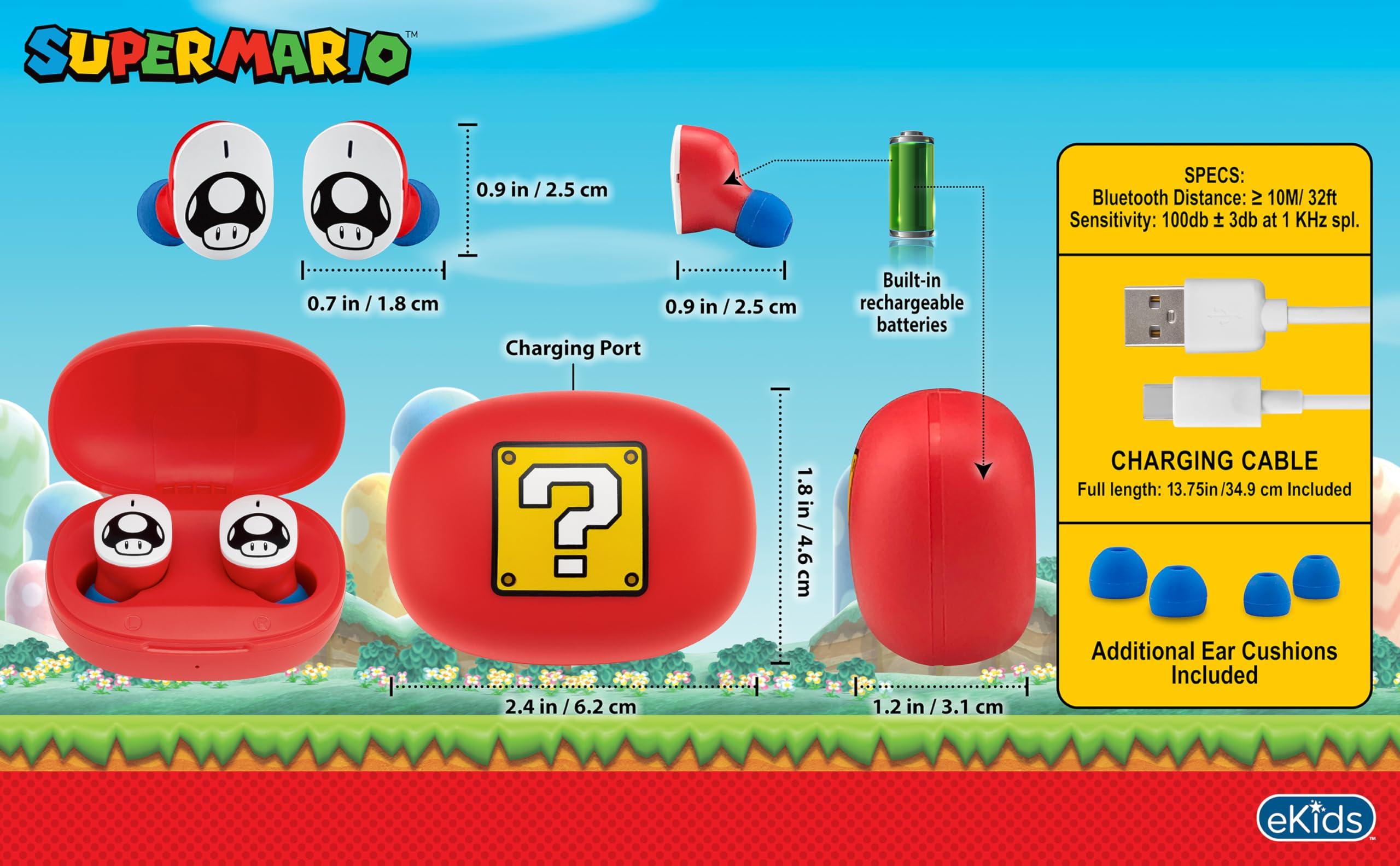 eKids eKids Wireless Earbuds with Microphone, Bluetooth Earbuds with Charging Case Designed for School, Home, or Travel (Mario)