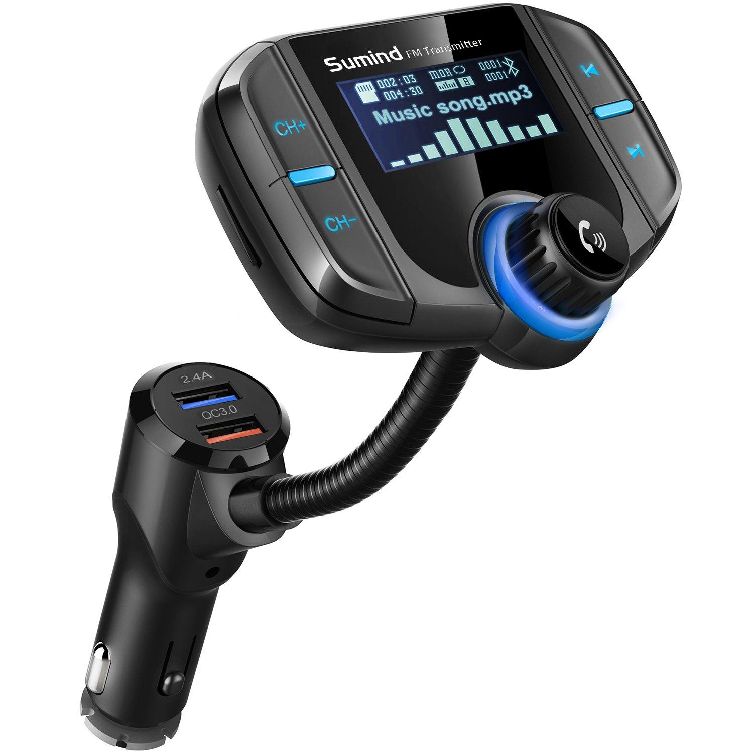 Sumind (Upgraded Version) Bluetooth FM Transmitter, Sumind Wireless Radio Adapter Hands-Free Car Kit with 1.7 Inch Display, QC3.0 and Smart 2.4A Dual USB Ports, AUX Input/Output, TF Card Mp3 Player