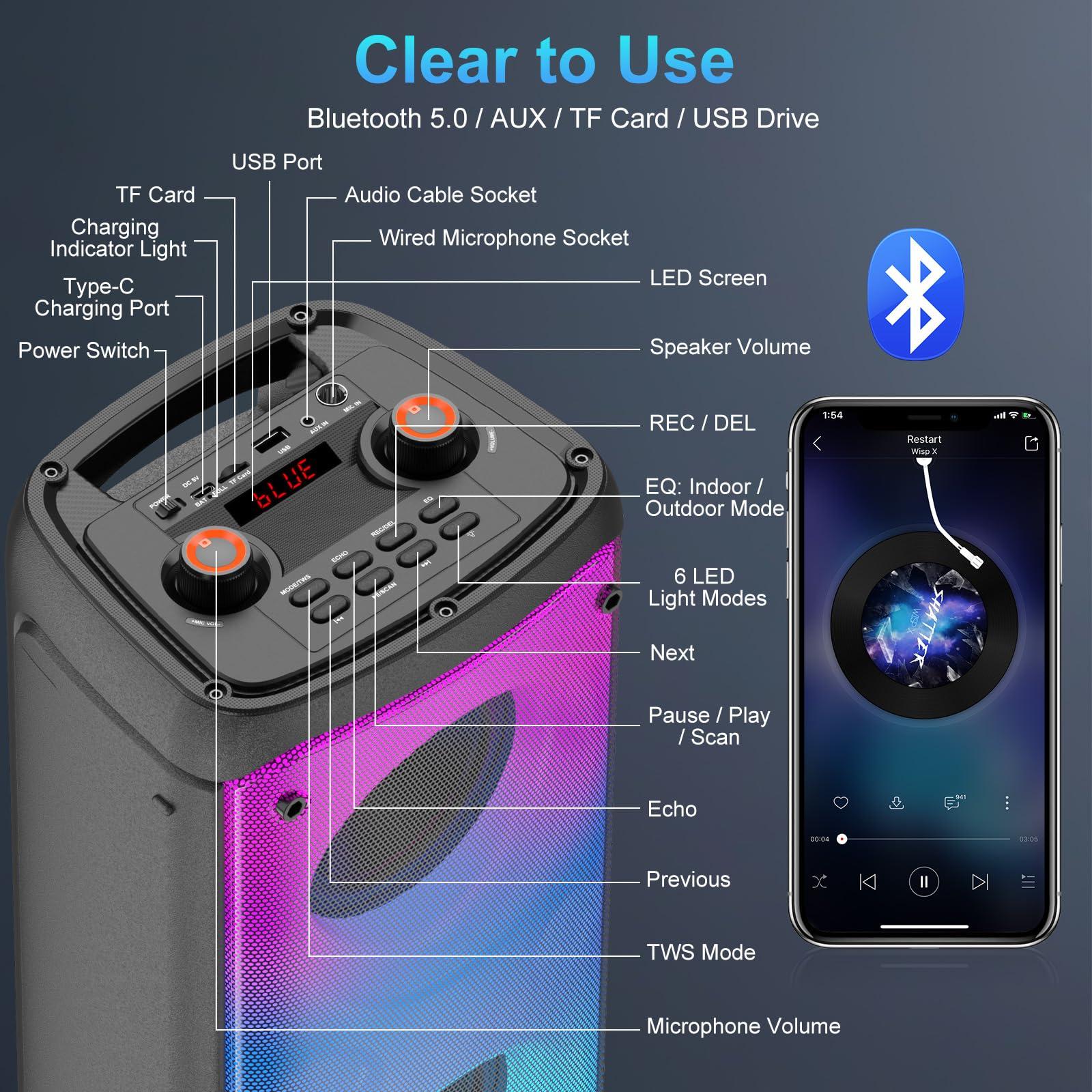 TAMPROAD TAMPROAD Bluetooth Speaker, 80W Peak Wireless TWS Portable Outdoor Party Speakers with Subwoofer, Deep Bass, LED Colorful Lights, Loud Stereo Sound Boombox with Radio for Home, Camping, Travel