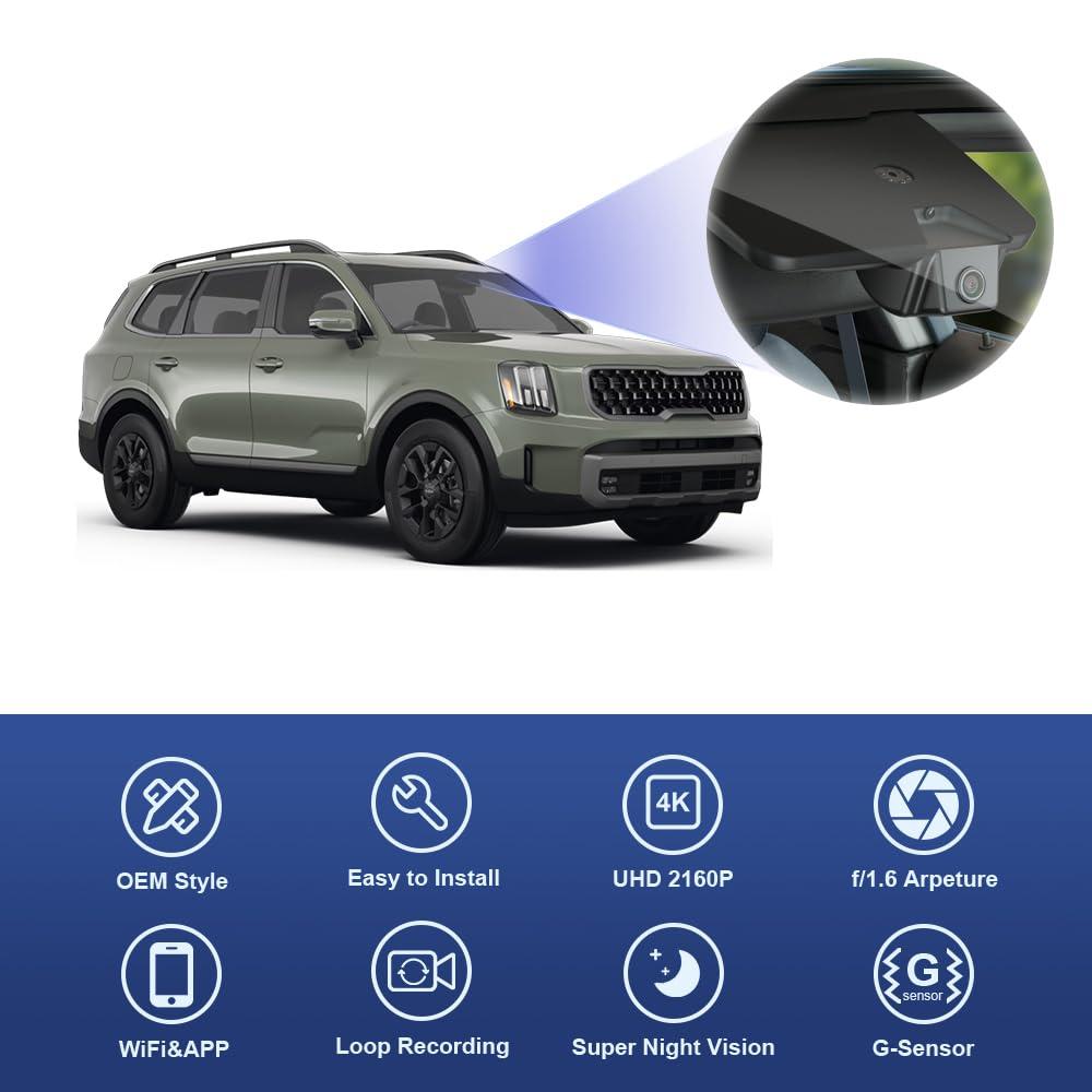 FITCAMX Fitcamx 4K Dash Cam Compatible with Kia Telluride 2023 2024 S LX EX SX X-pro X-Line (Part NO#S9310), OEM Look, UHD 2160P Video, Loop Recording, WiFi Connect&APP, G-Sensor, Easy to Install, 64GB Card