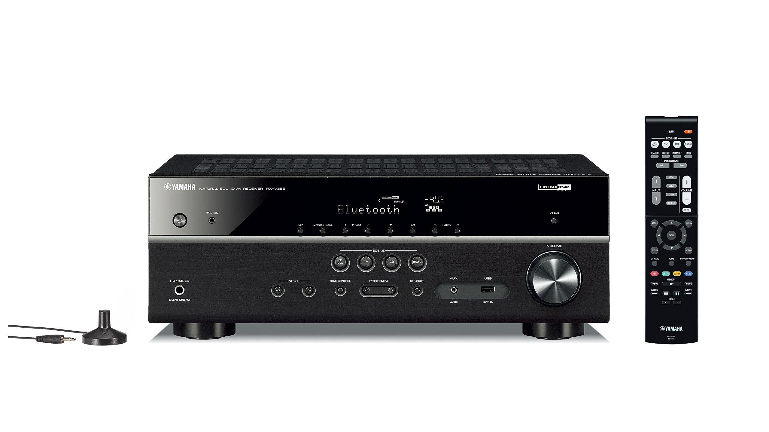 YAMAHA Yamaha RX-V385 5.1-Channel 4K Ultra HD AV Receiver with Bluetooth & 10\" 100W Powered Subwoofer - Black (NS-SW100BL)
