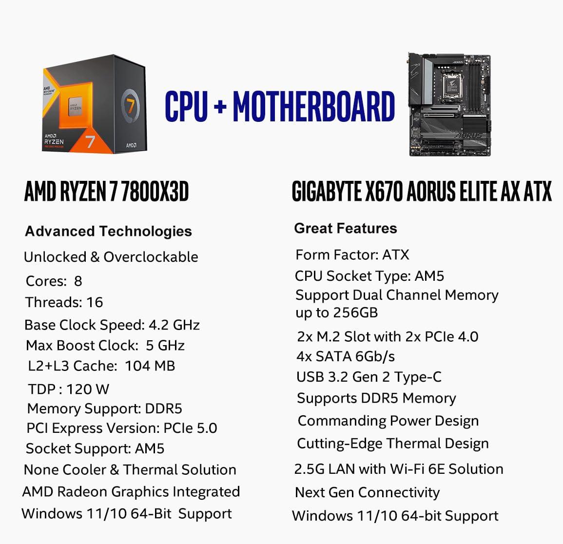 INLAND INLAND Micro Center AMD Ryzen 7 7800X3D 8-Core16-Thread Desktop Processor with GIGABYTE X670 AORUS Elite DDR5 PCIe 5.0 WiFi 6E ATX Motherboard
