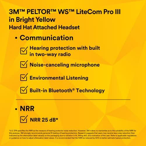 3M 3M PELTOR WS LiteCom Pro III Headset MT73H7P3E4D10NA GB, BrightYellow, Hard Hat Attached, Pack of 1