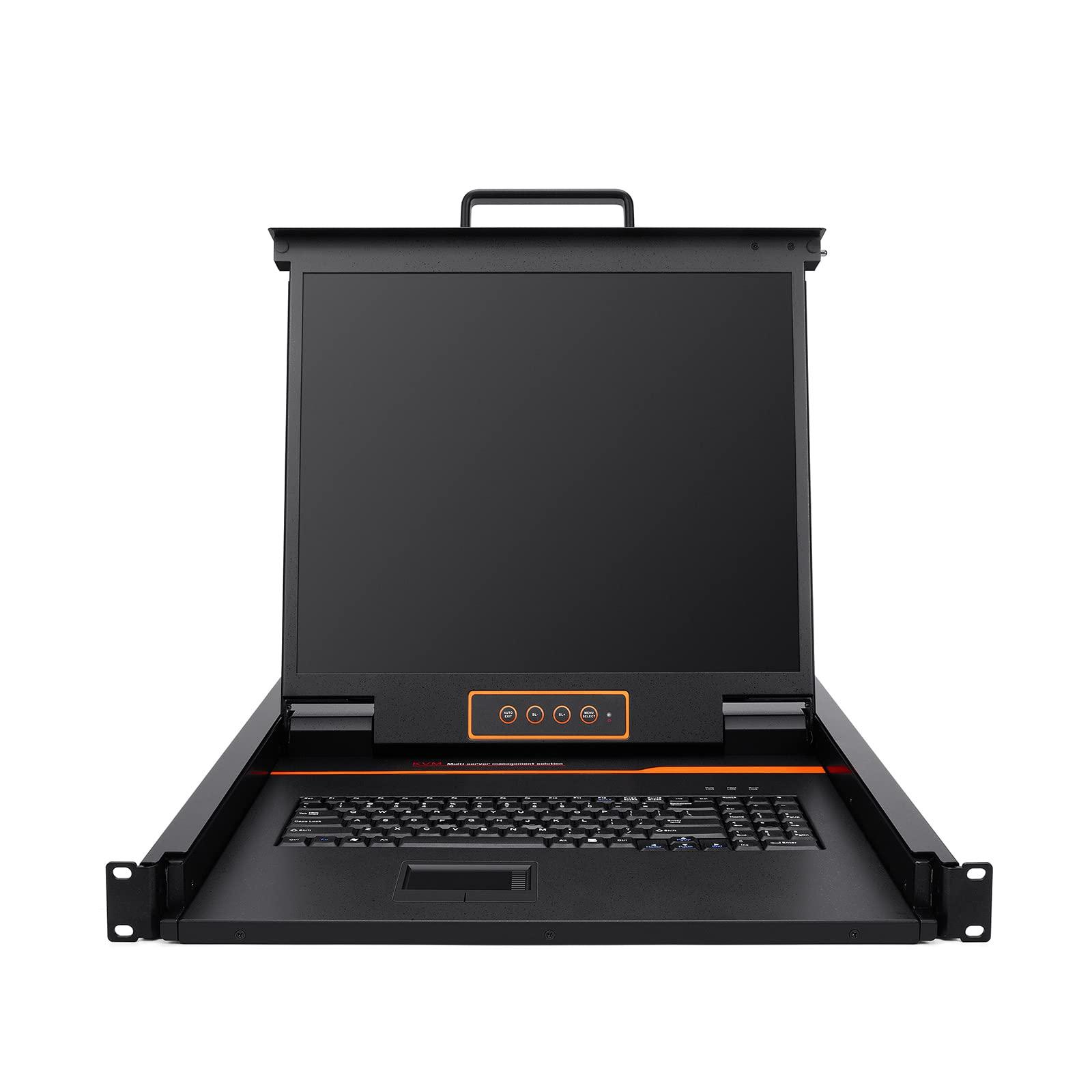 Kinan Rack Mount KVM Console, 19" Rack Mount Monitor, Single Port VGA KVM, 1U LCD KVM Drawer with Keyboard and Touch Pad, 17.6"x19.9"x1.67" (W x D x H),12801024@60Hz, USB/VGA KVM Cable Included,50,000 MTBF