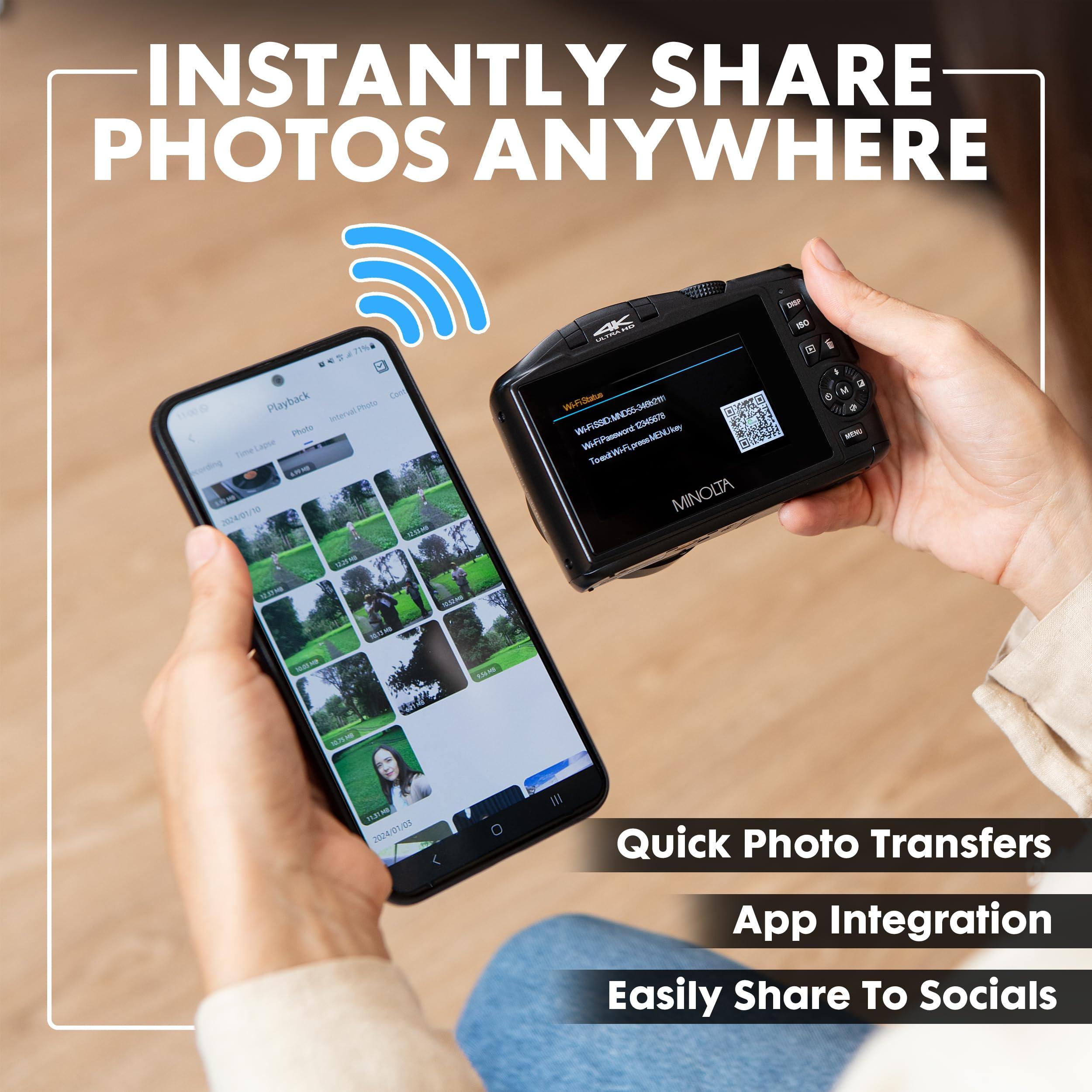 Minolta Minolta 64MP Digital Camera 4K Ultra HD Video at 60FPS, 16x Digital Zoom, WiFi, CMOS Sensor, 3-inch LCD Display, Auto Exposure - Includes 32GB Memory Card, Rechargeable Battery (Purple)