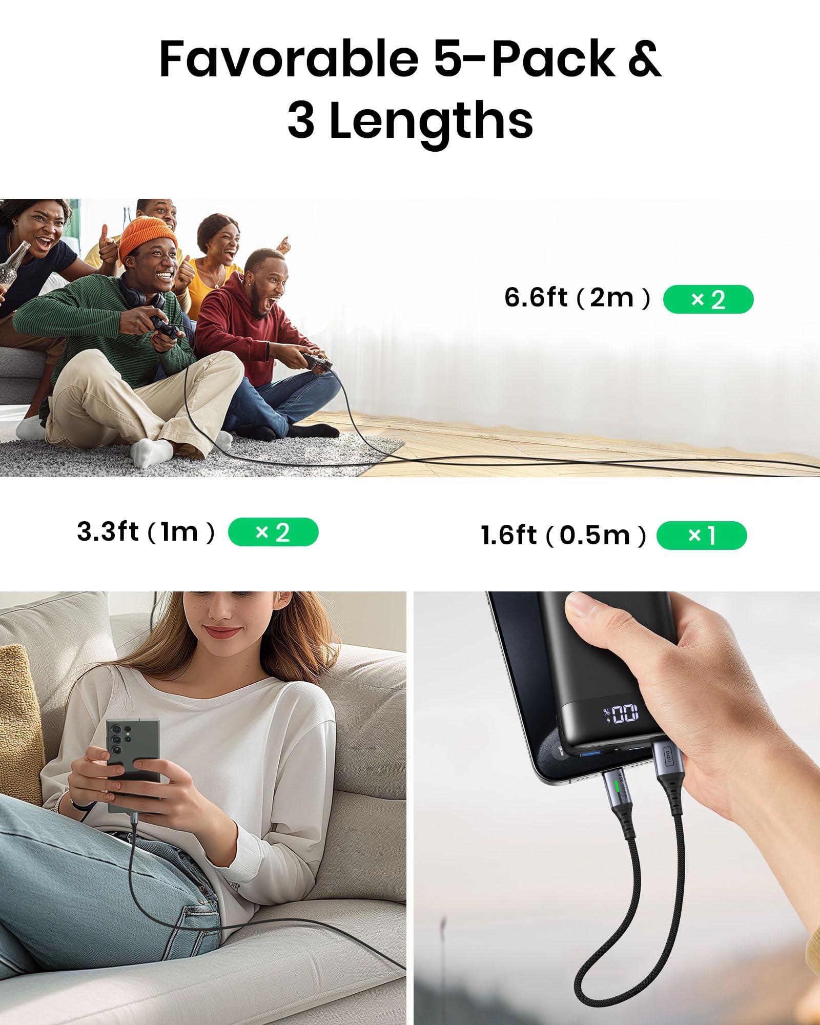 INIU USB C Cable, INIU [5 Pack 3.1A] QC Fast Charging USB Type C Cable, Nylon(1.6+3.3+3.3+6.6+6.6ft) Phone Charger USB A to USB C Cable for Samsung Galaxy S21 S20 S10 Plus Note 10 LG Google Pixel iPhone 15