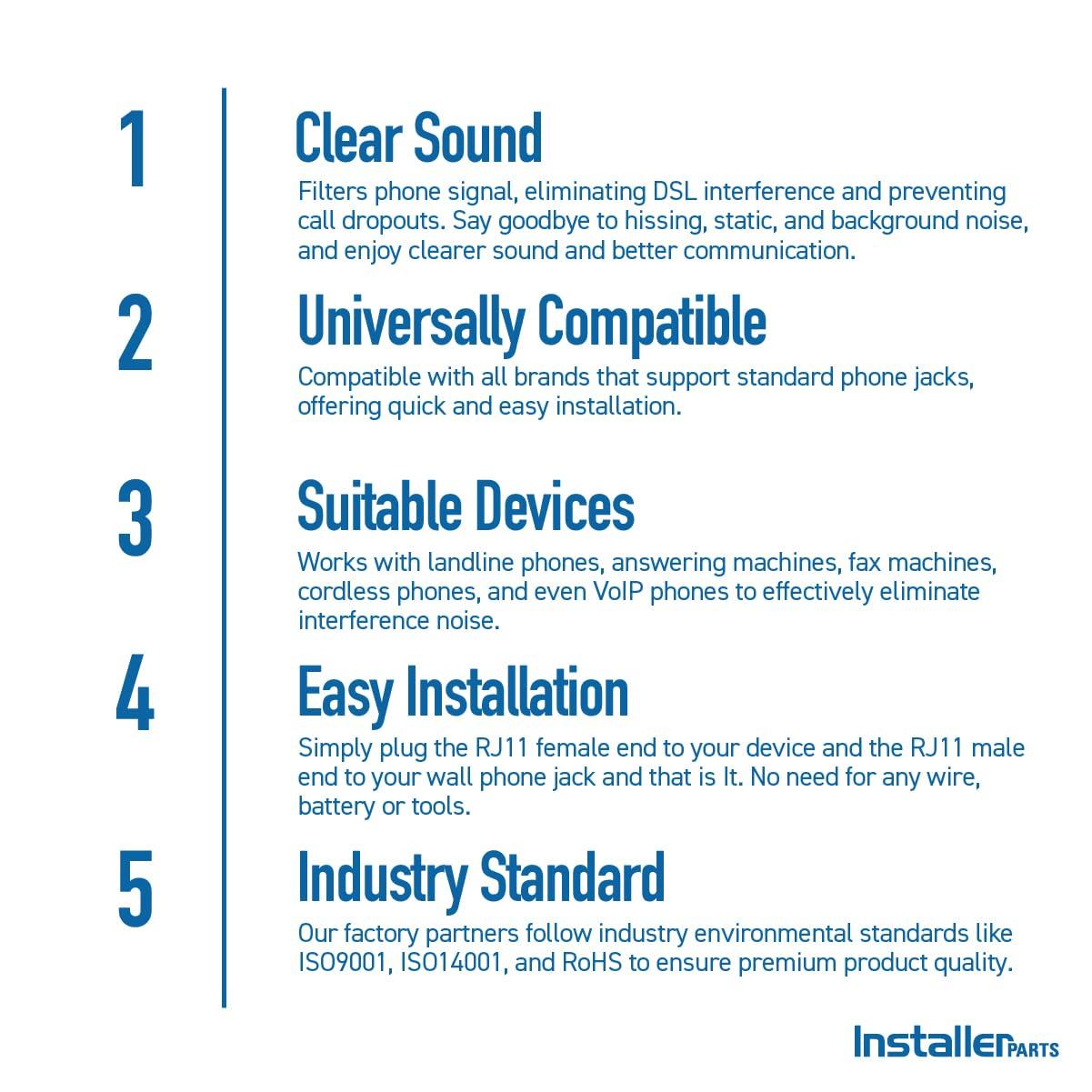 InstallerParts InstallerParts DSL Modem Phone Filter - for Interference Elimination and Static Noise Blocker | for Answering Machine, Fax Machine, Telephones Landline Cordless | 10 Pack, White DSL Phone Filter