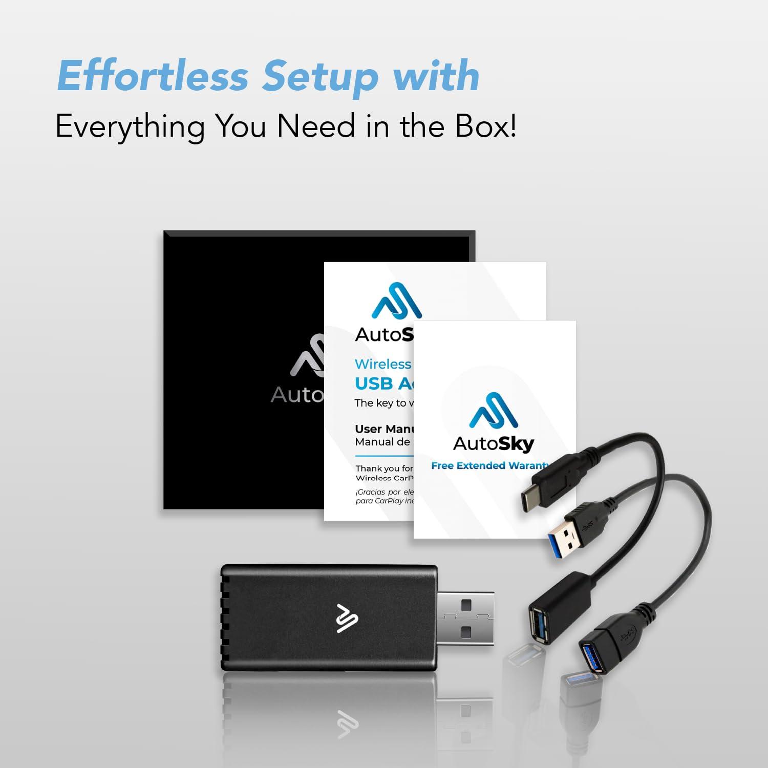 AutoSky Wireless CarPlay Adapter - Fastest 5Ghz - AutoSky - Plug and Play - USB-C and USB-A Cables - Wired CarPlay Required