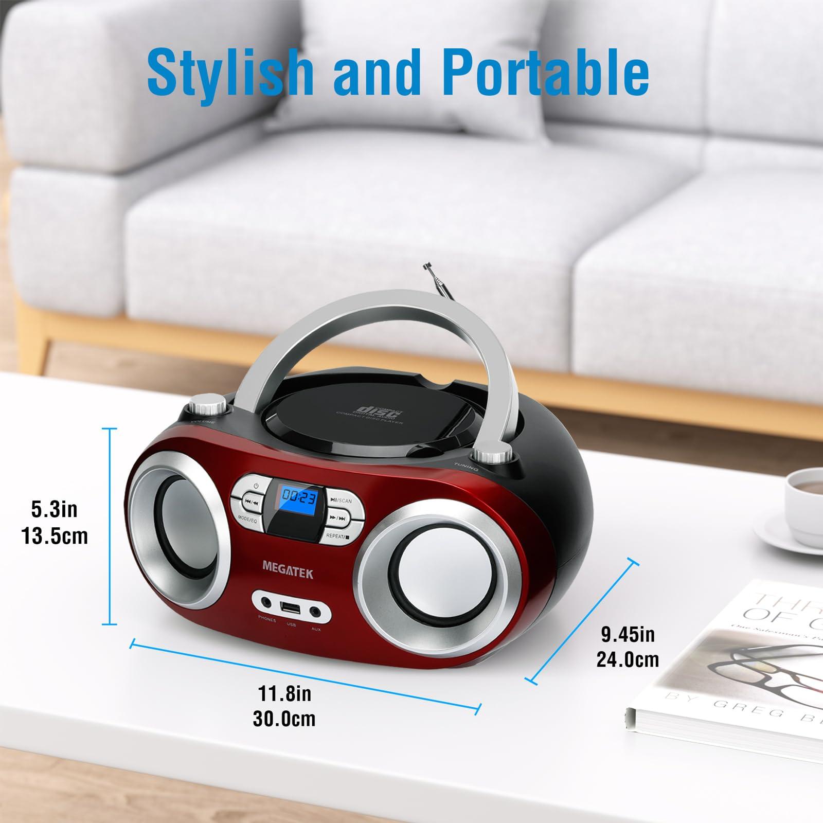 MEGATEK MEGATEK Portable CD Boombox with FM Stereo Radio, Bluetooth, USB Port, and Backlit LCD Display | CD-R/CD-RW/MP3-CD Compatible | AUX Input | Headphone Jack | Programmable CD Player - Cherry Red