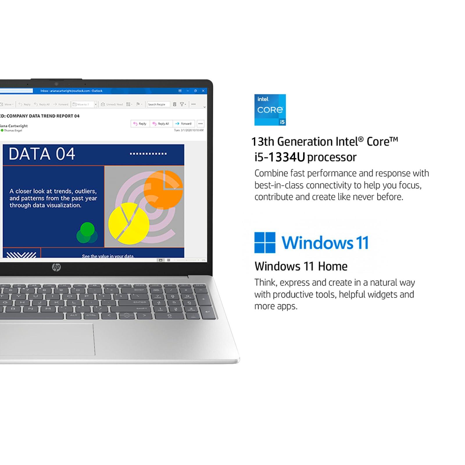 HP HP 15.6" HD Laptop, 13th Gen Intel Core i5-1334U Business Laptop, 8GB RAM, 512GB SSD, Iris Xe Graphics, Anti-Glare, Bluetooth, WiFi 6, HDMI, Silver, Windows 11 Home with Designed Mouse
