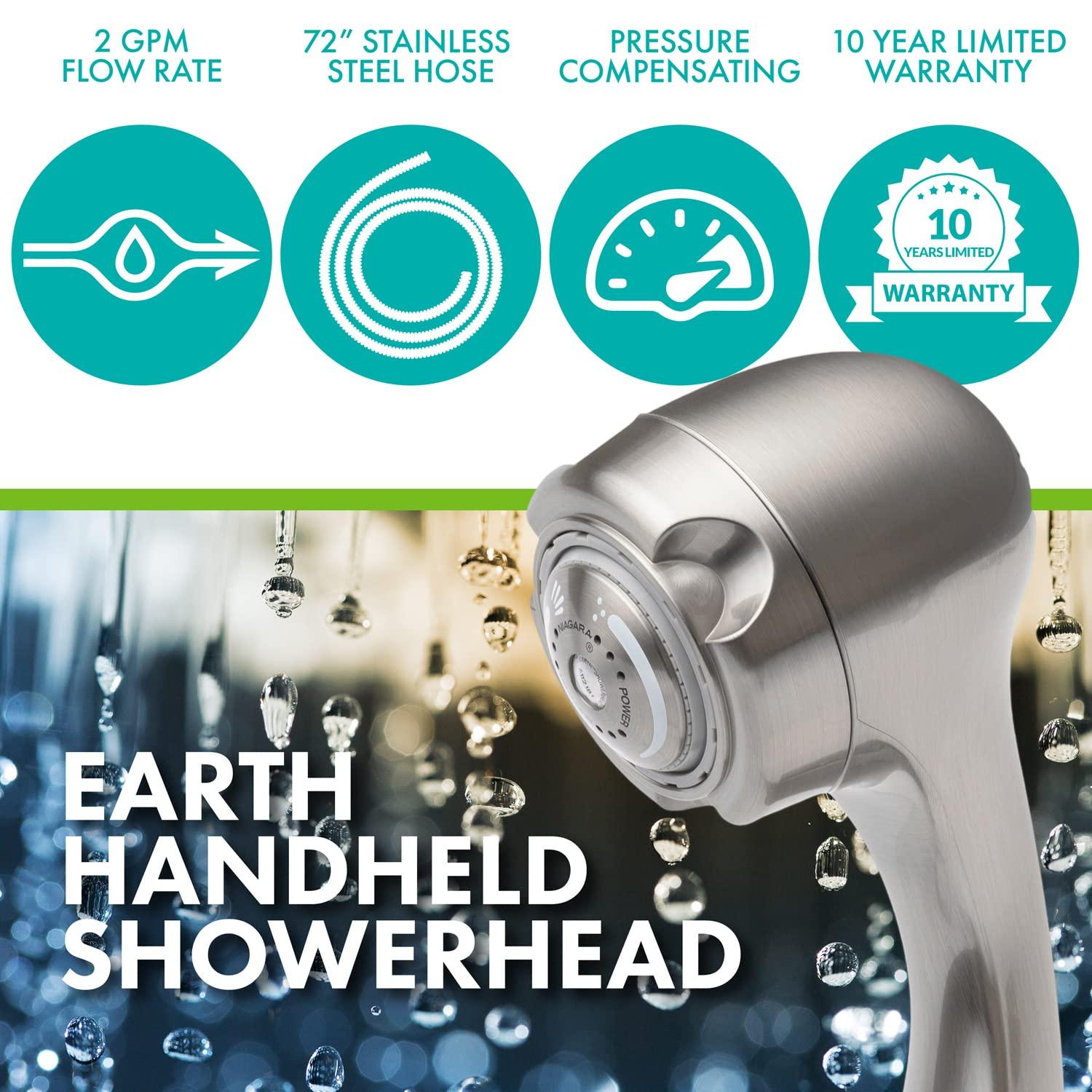 Niagara Conservation Niagara Conservation N2935BN Earth Spa 3-Spray with 2 GPM 2.7-in. Wall Mount Handheld Shower Head in Brushed Nickel, 1-Pack | Bathroom Shower Head Sprayer with Pressure Compensation Technology