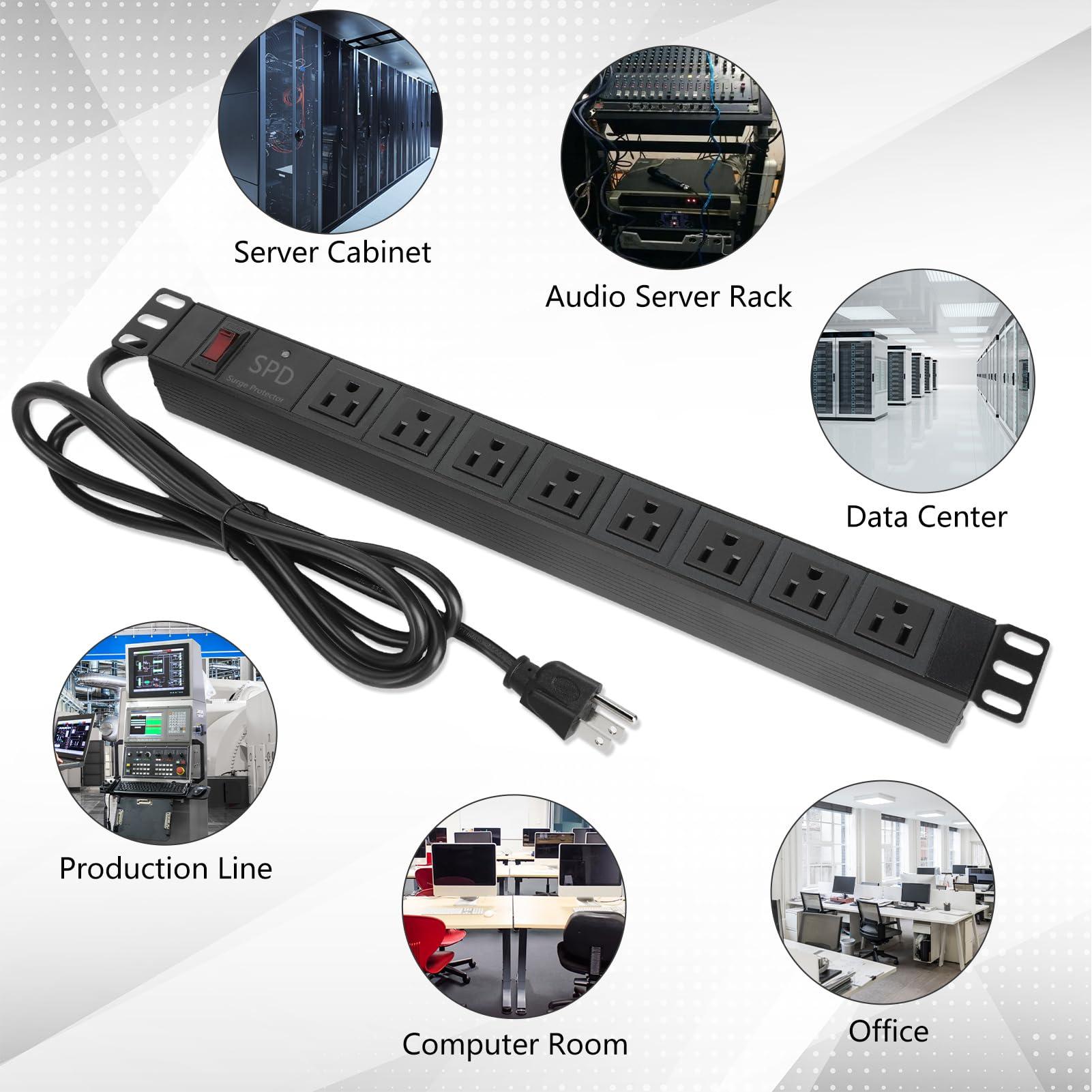ElecVoztile ElecVoztile 8 Outlet Rack Mount PDU Power Strips with SPD Surge Protection-1200J, 10ft 14AWG Cord, 15A Overload Switch, 1U RackMount, Fits 19'' Network Server Rack, Front Facing Plug