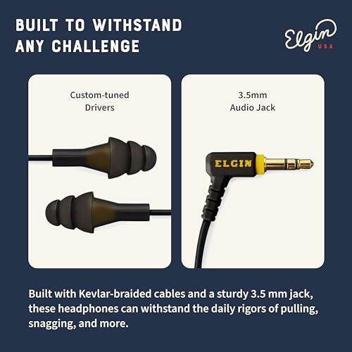 Elgin Elgin Ruckus Earplug Headphones, ANSI Certified 25dB Noise Reduction, IP65 Rated for Dust and Water Resistance, Ideal for Construction and Outdoor Work, Durable w/Kevlar-Braided Cables, Stealth Black