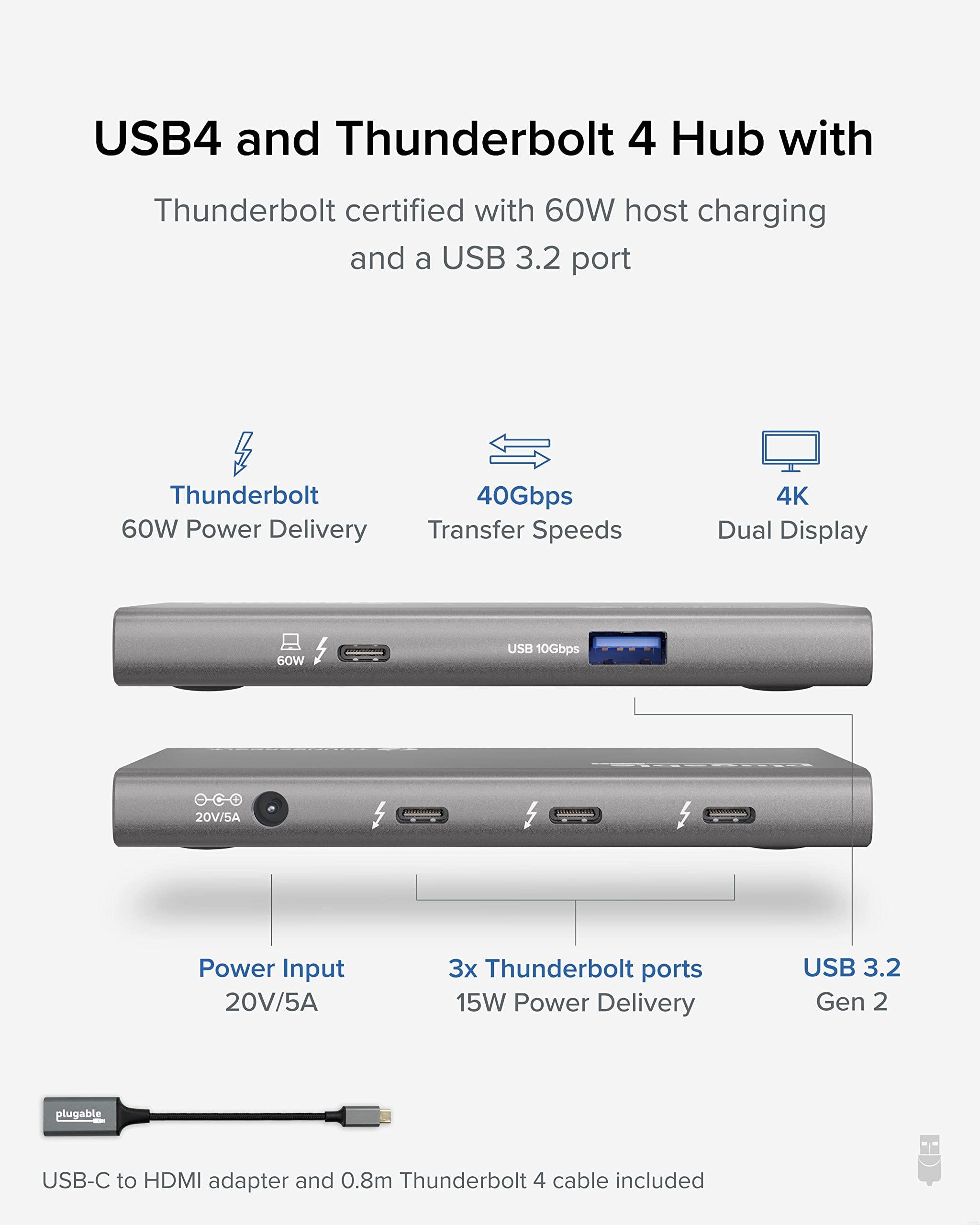 Plugable Plugable USB4 Hub Bundle Includes USB-C to 4K HDMI Adapter and 7-in-1 Multiport Adapter, Single 8K or Dual 4K Display, 60W Charging, Compatible with Thunderbolt 4/3 Macs and Thunderbolt 4 Windows