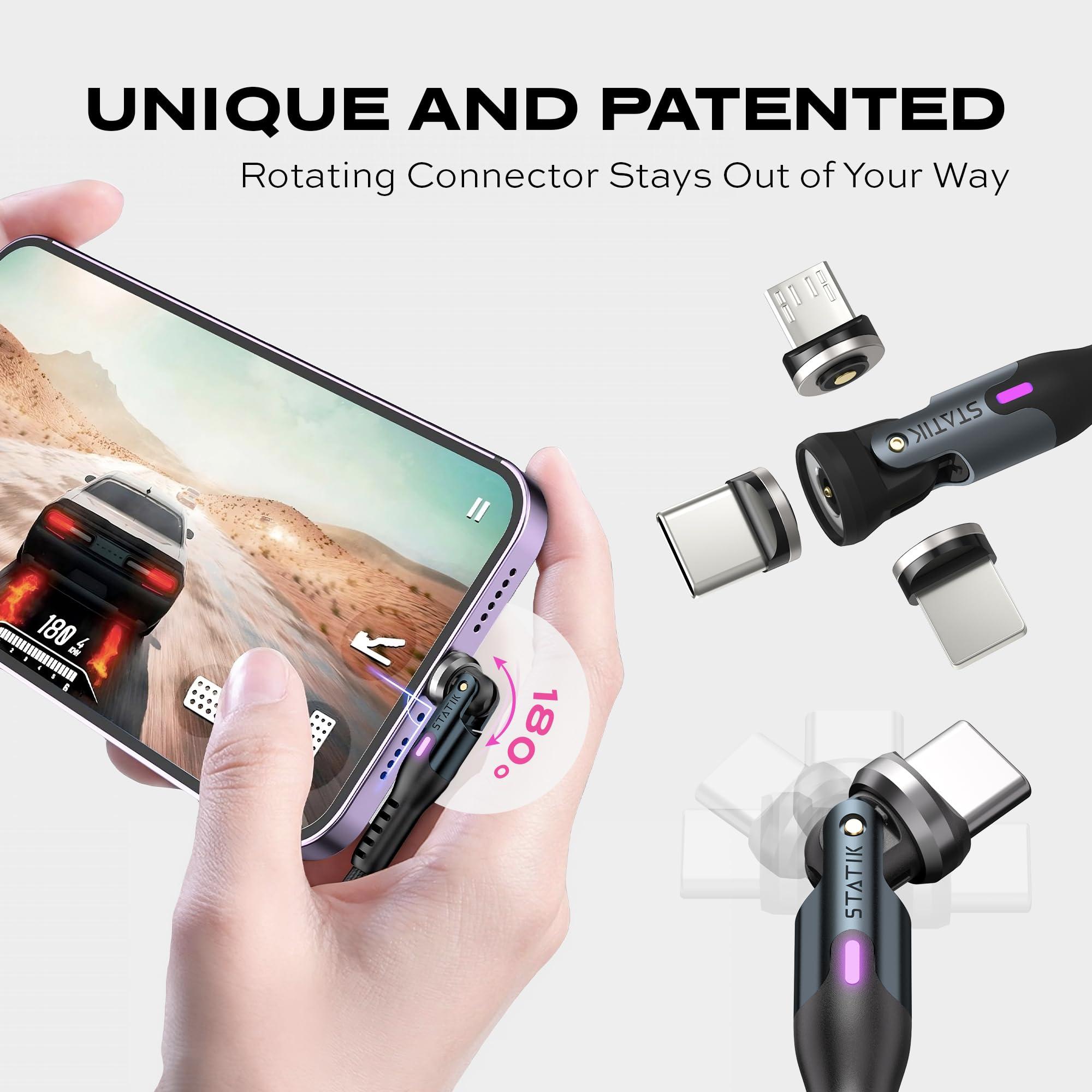 Statik Statik 360 Rotating Magnetic Charging Cable - 3FT/1M USB C Charger, 3 Interchangeable Tips for iProduct, Micro-USB & USB-A Devices, Black